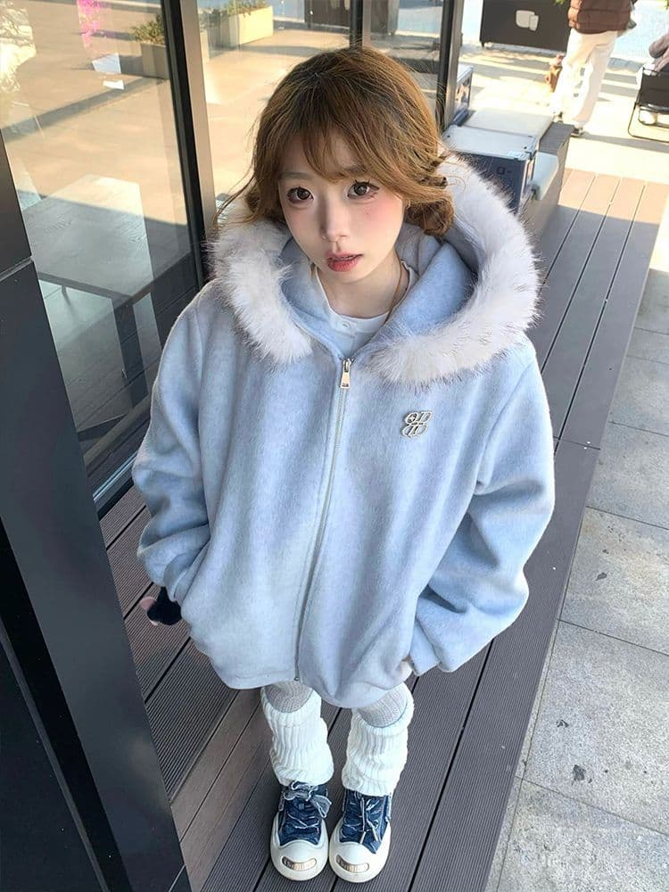 아메리칸 레트로 2026 높음 거리 모피 칼라 후드 오픈 가디건 후드티 여성 봄 가을 oversize 한 부서 느긋한 바람 재킷 상세 이미지 4