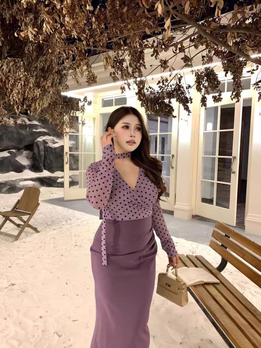 syj 슈 의류 홈 빛 요리 한 바람 섹시함 V넥 도트 무늬 이중층 배색 드레스 순수한 욕망 몸매 가꾸기 슬림해 보이는 타이트 스커트 상세 이미지 12