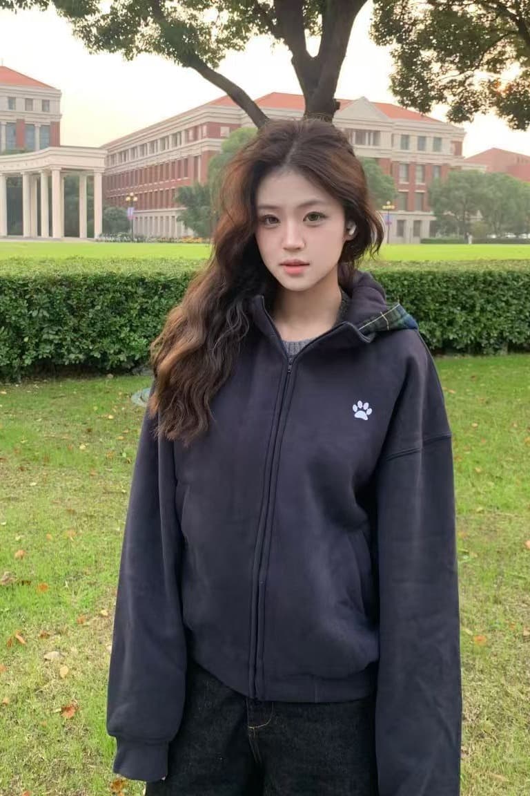 아메리칸 레트로 개 클로 자수 패치워크 스택 착용 체크무늬 모자 셔츠 여성 가을 루즈핏 커플 후드 티 스웨터 재킷 트렌디 이미지 6