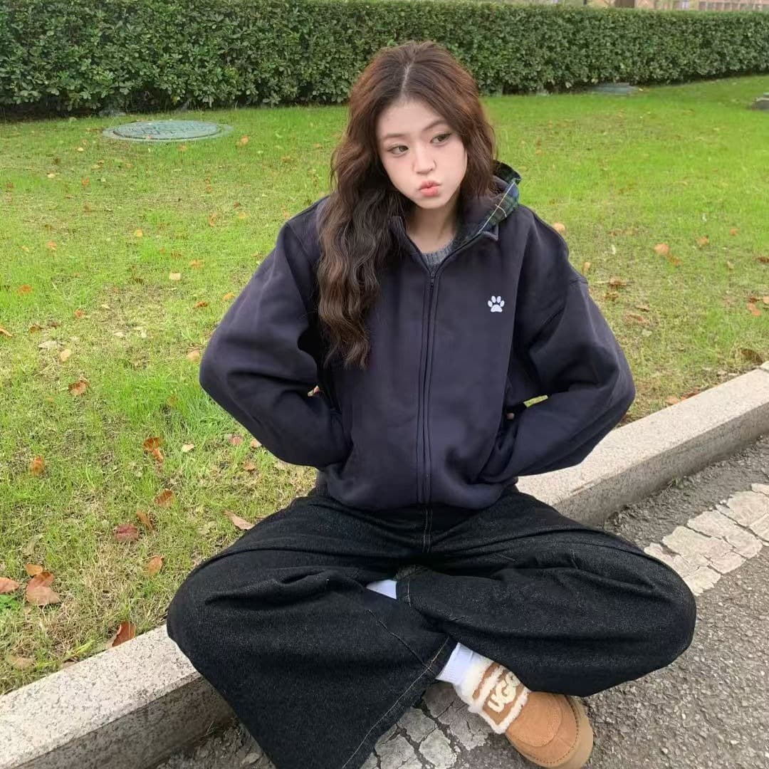 아메리칸 레트로 개 클로 자수 패치워크 스택 착용 체크무늬 모자 셔츠 여성 가을 루즈핏 커플 후드 티 스웨터 재킷 트렌디 이미지 5