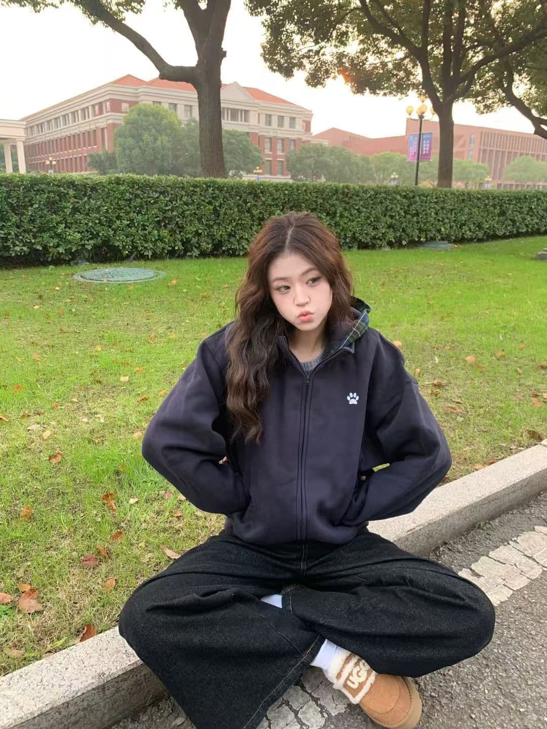 아메리칸 레트로 개 클로 자수 패치워크 스택 착용 체크무늬 모자 셔츠 여성 가을 루즈핏 커플 후드 티 스웨터 재킷 트렌디 상세 이미지 4