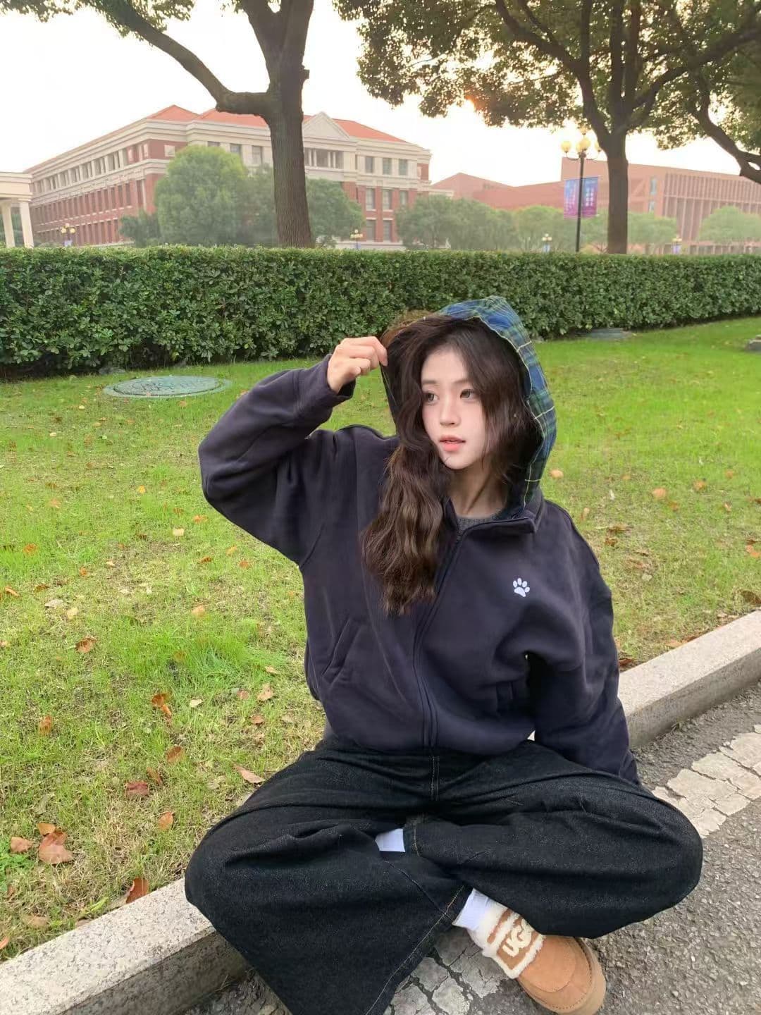 아메리칸 레트로 개 클로 자수 패치워크 스택 착용 체크무늬 모자 셔츠 여성 가을 루즈핏 커플 후드 티 스웨터 재킷 트렌디 상세 이미지 5