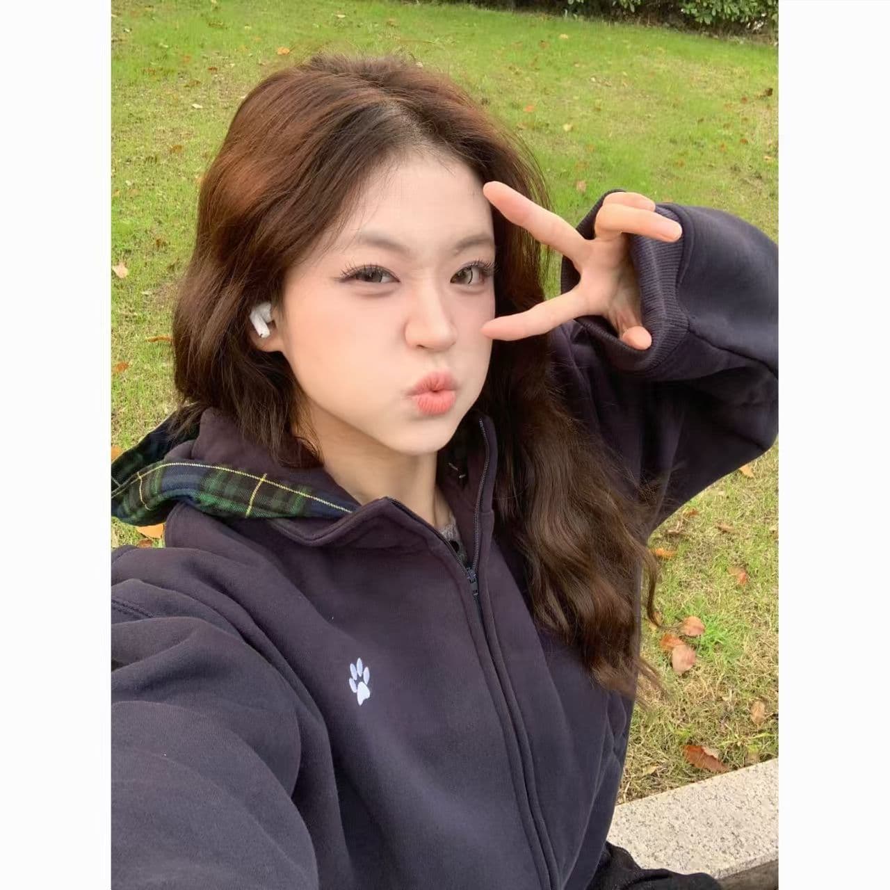 아메리칸 레트로 개 클로 자수 패치워크 스택 착용 체크무늬 모자 셔츠 여성 가을 루즈핏 커플 후드 티 스웨터 재킷 트렌디 상세 이미지 6