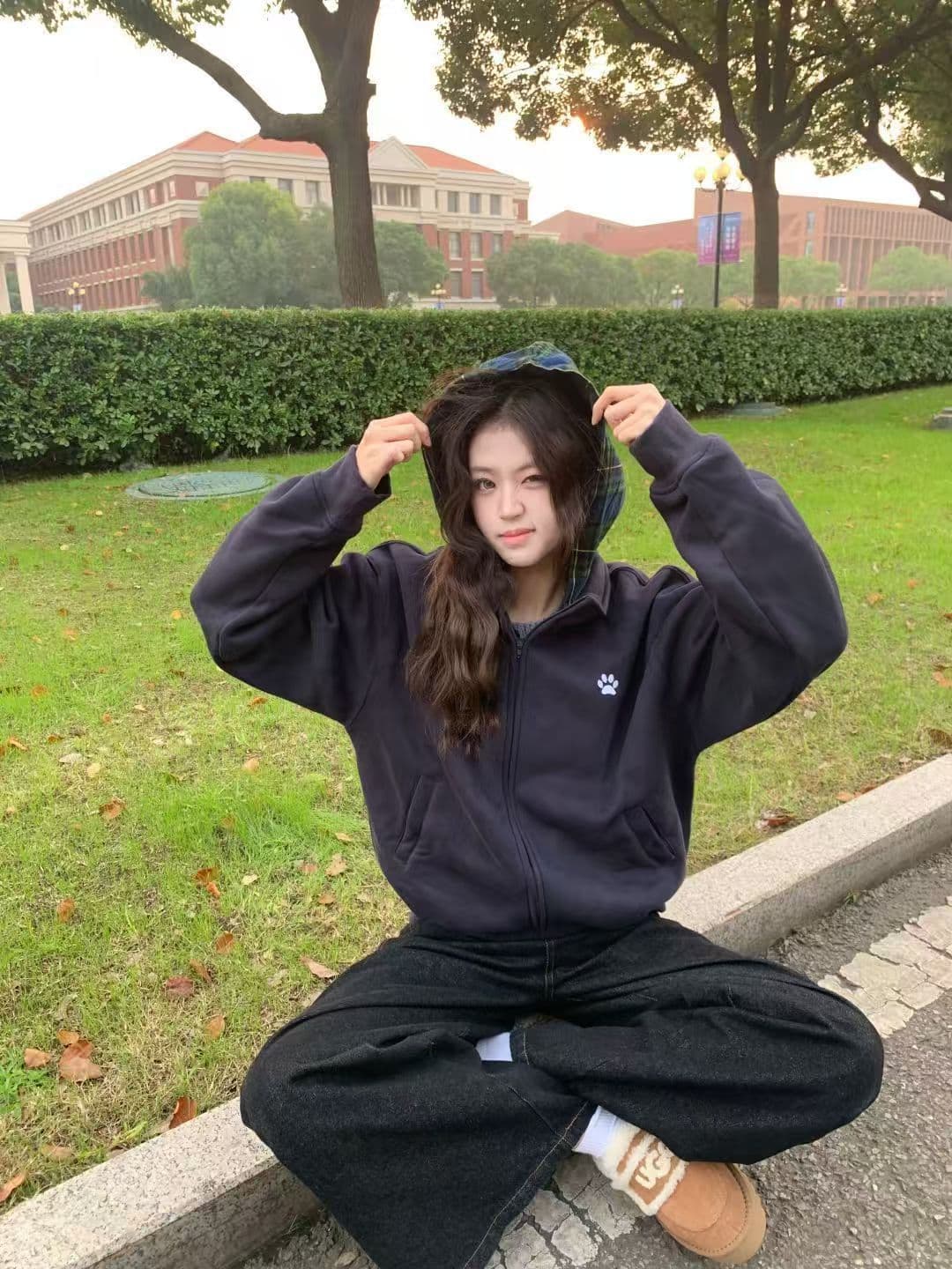 아메리칸 레트로 개 클로 자수 패치워크 스택 착용 체크무늬 모자 셔츠 여성 가을 루즈핏 커플 후드 티 스웨터 재킷 트렌디 상세 이미지 8