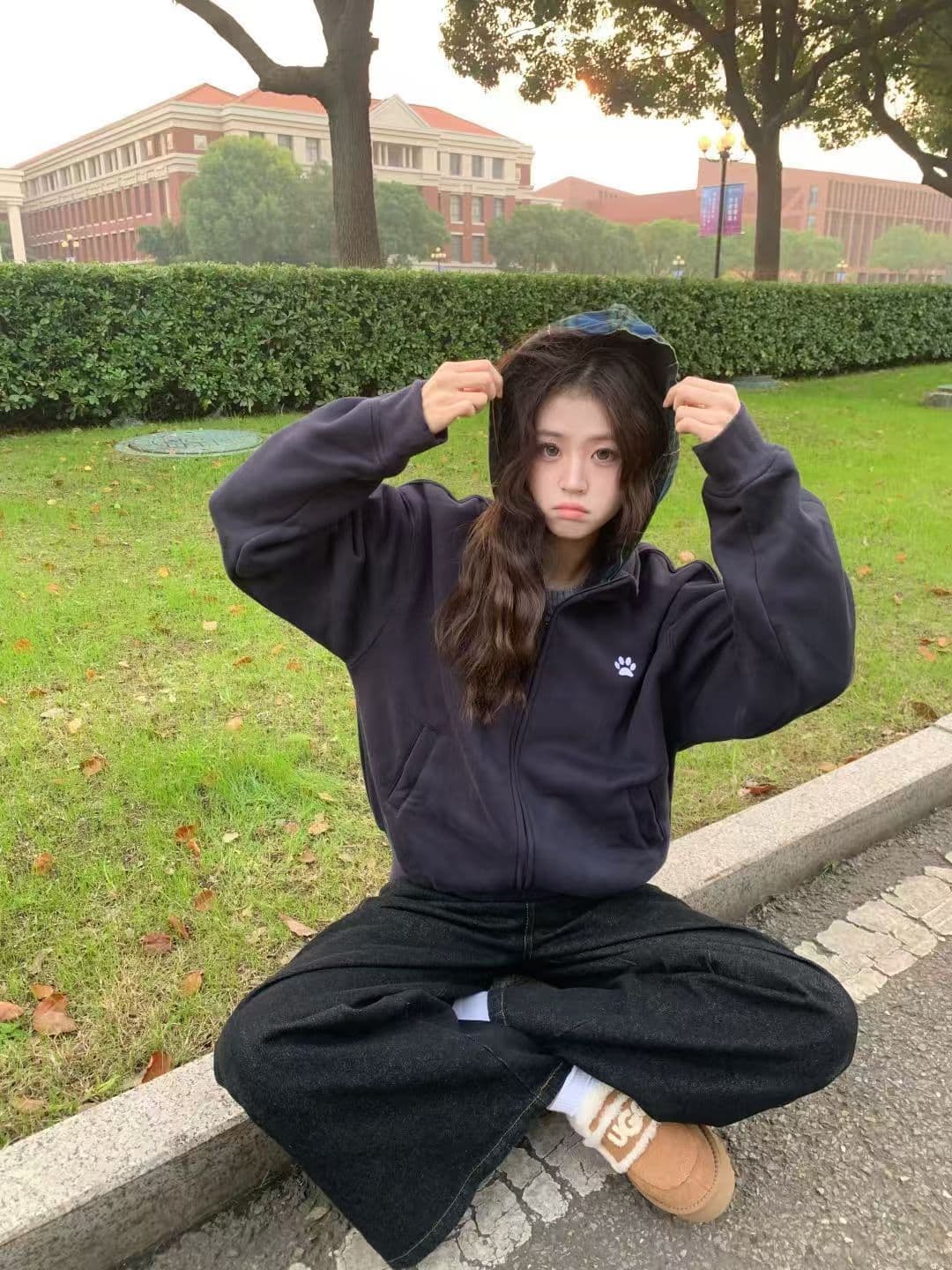 아메리칸 레트로 개 클로 자수 패치워크 스택 착용 체크무늬 모자 셔츠 여성 가을 루즈핏 커플 후드 티 스웨터 재킷 트렌디 상세 이미지 9