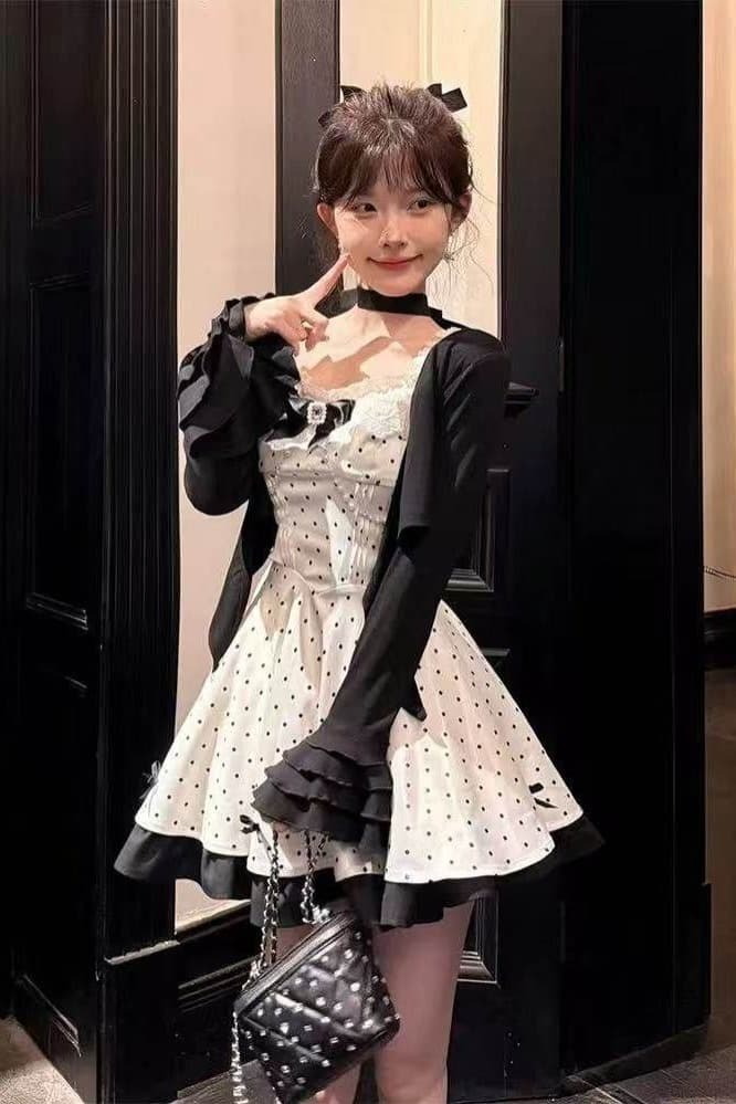 일본식 달콤함 소녀 천 금빛 바람 나비 매듭 도트 무늬 드레스 여자 학생 가을 새로운 오픈 가디건 투피스 세트 트렌디 이미지 6