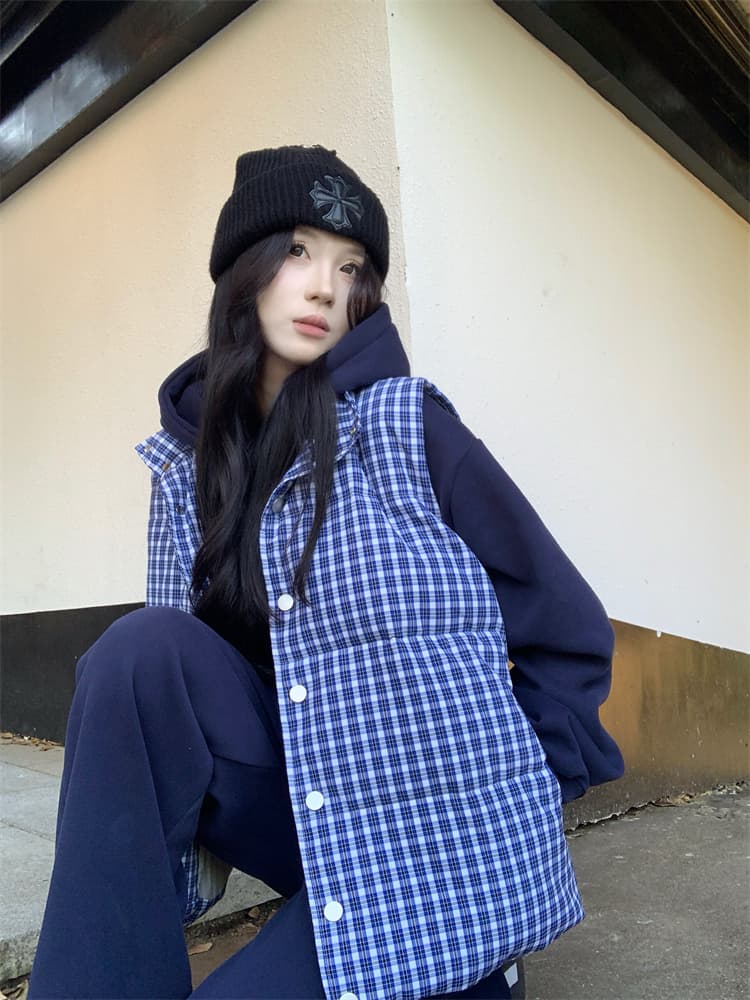 한 부서 고급 센스 파란색 체크무늬 다운 코트 조끼 여자 겨울 두꺼운 외출용 빵 목화 진딧물 재킷 맨위 상세 이미지 6