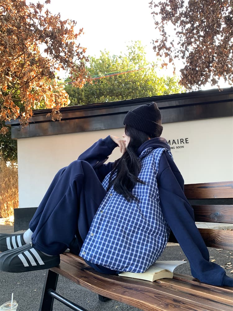 한 부서 고급 센스 파란색 체크무늬 다운 코트 조끼 여자 겨울 두꺼운 외출용 빵 목화 진딧물 재킷 맨위 상세 이미지 7