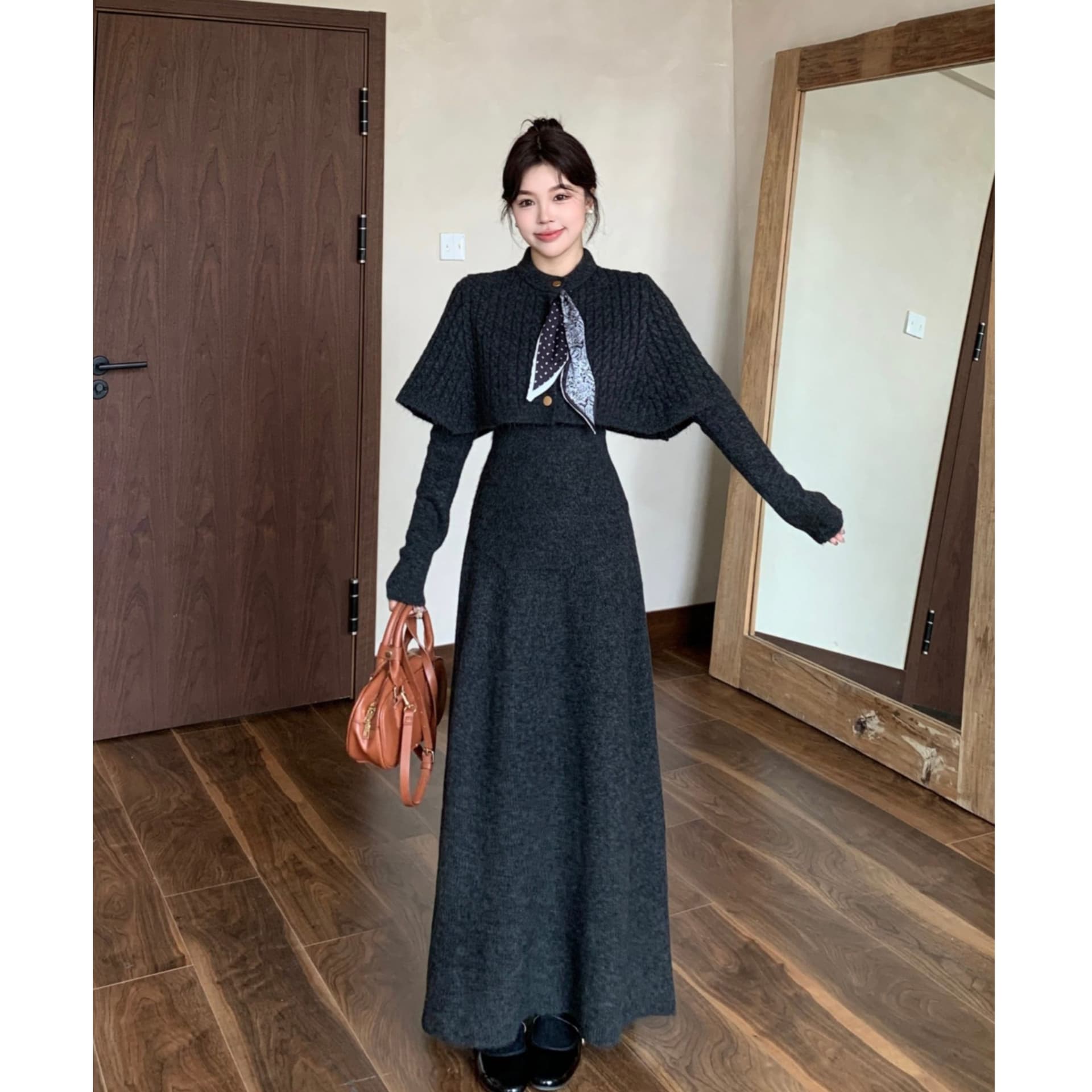 가을 겨울 2026 새로운 세트 스카프 망토 예쁜 스웨터 반신 스커트 3종 세트 패션 세트
