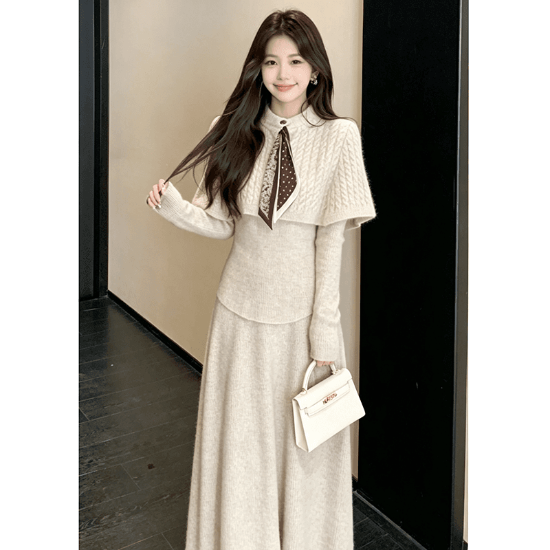 가을 겨울 2026 새로운 세트 스카프 망토 예쁜 스웨터 반신 스커트 3종 세트 패션 세트 이미지 3