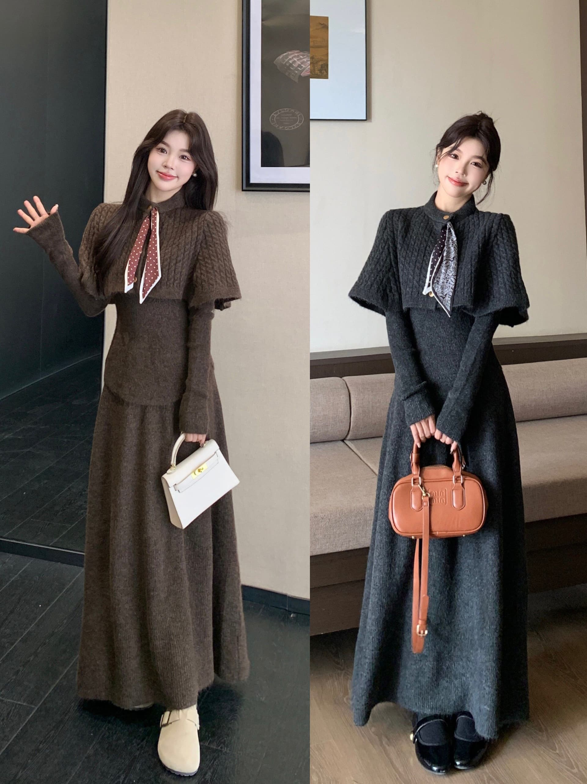 가을 겨울 2026 새로운 세트 스카프 망토 예쁜 스웨터 반신 스커트 3종 세트 패션 세트 상세 이미지 1