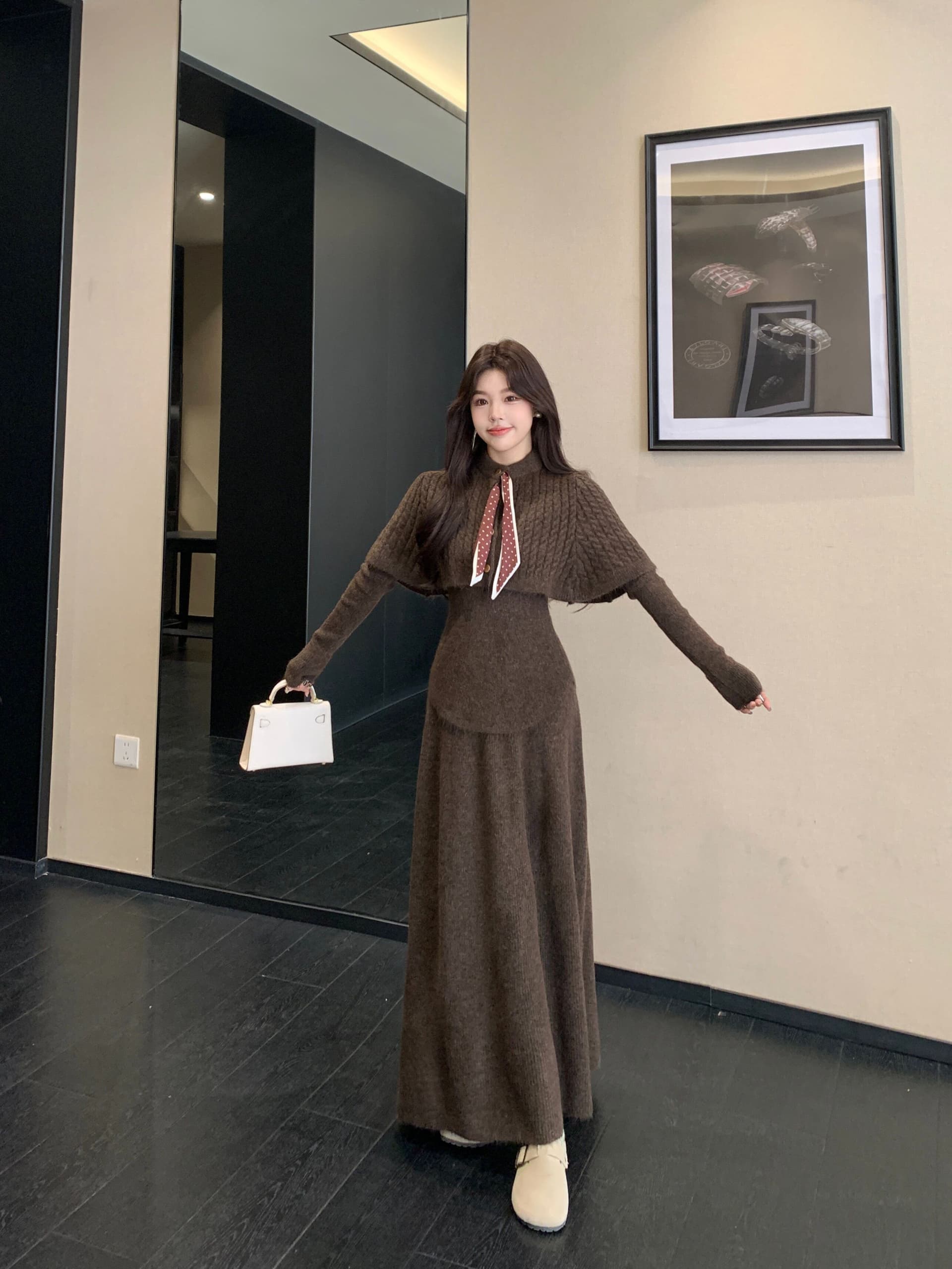 가을 겨울 2026 새로운 세트 스카프 망토 예쁜 스웨터 반신 스커트 3종 세트 패션 세트 상세 이미지 2
