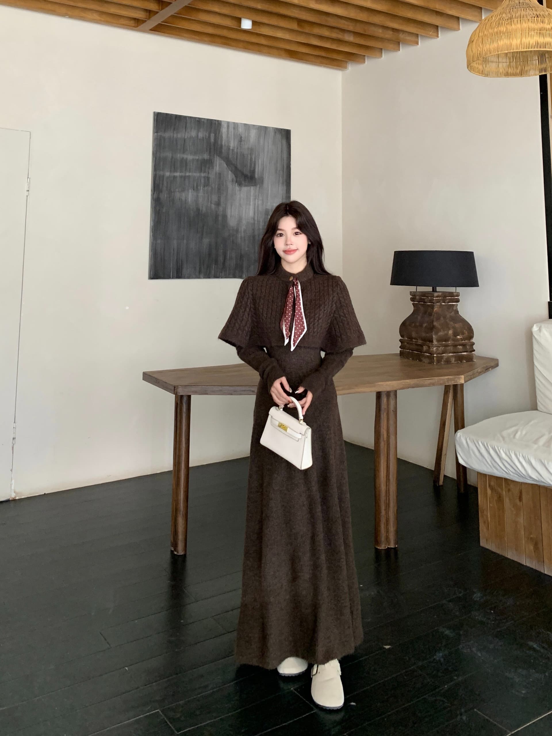 가을 겨울 2026 새로운 세트 스카프 망토 예쁜 스웨터 반신 스커트 3종 세트 패션 세트 상세 이미지 4