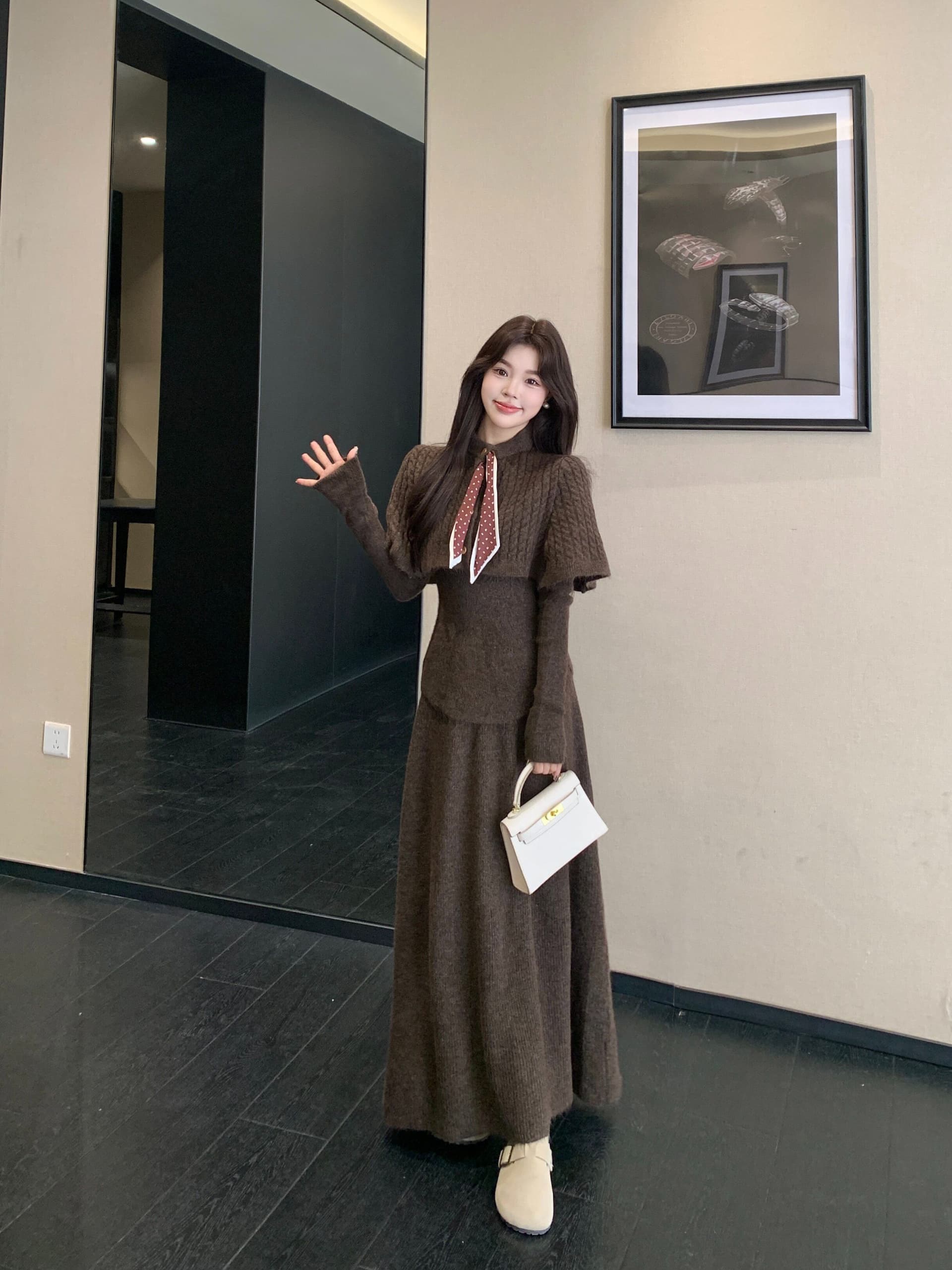 가을 겨울 2026 새로운 세트 스카프 망토 예쁜 스웨터 반신 스커트 3종 세트 패션 세트 상세 이미지 7