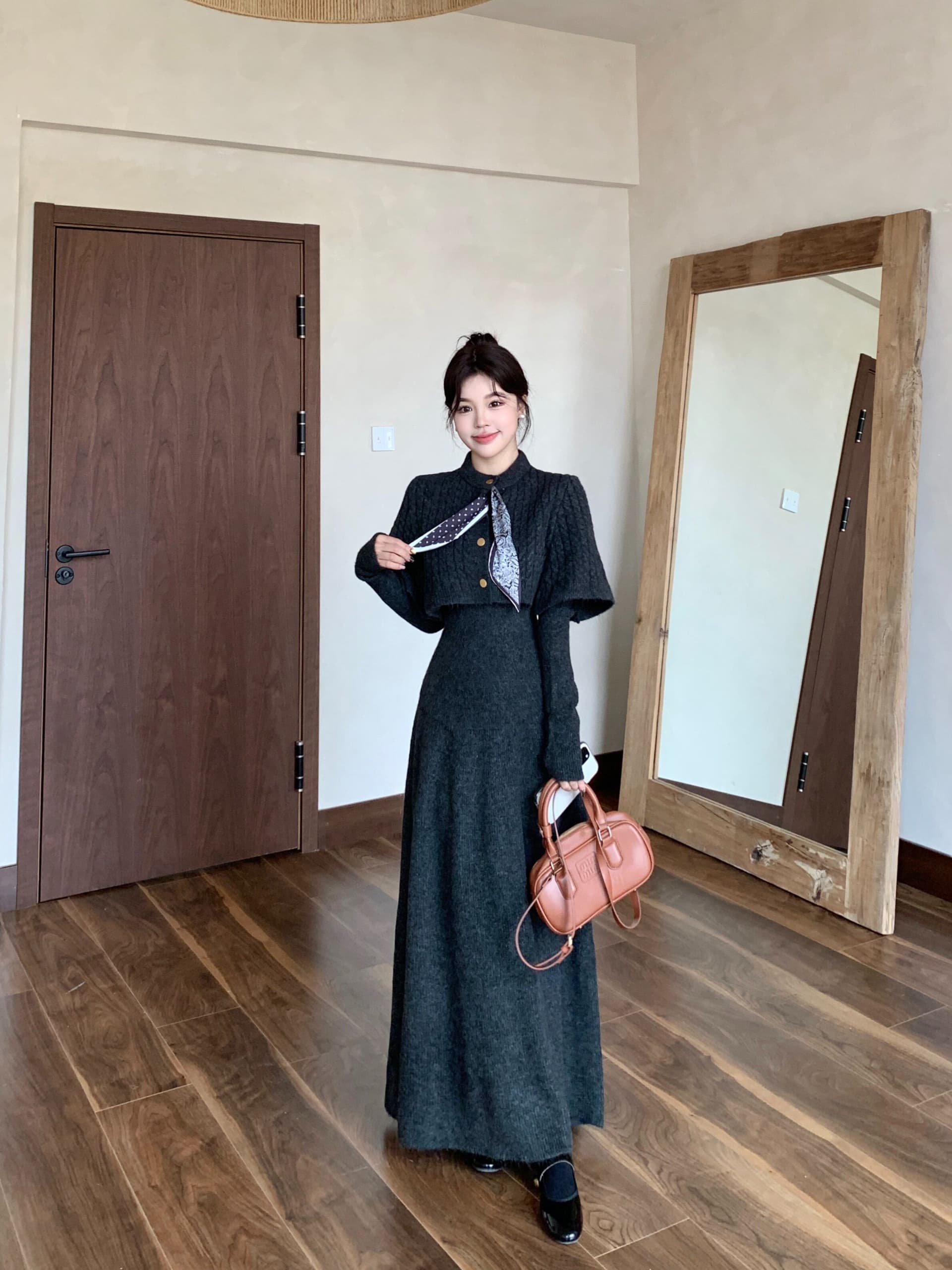 가을 겨울 2026 새로운 세트 스카프 망토 예쁜 스웨터 반신 스커트 3종 세트 패션 세트 상세 이미지 15