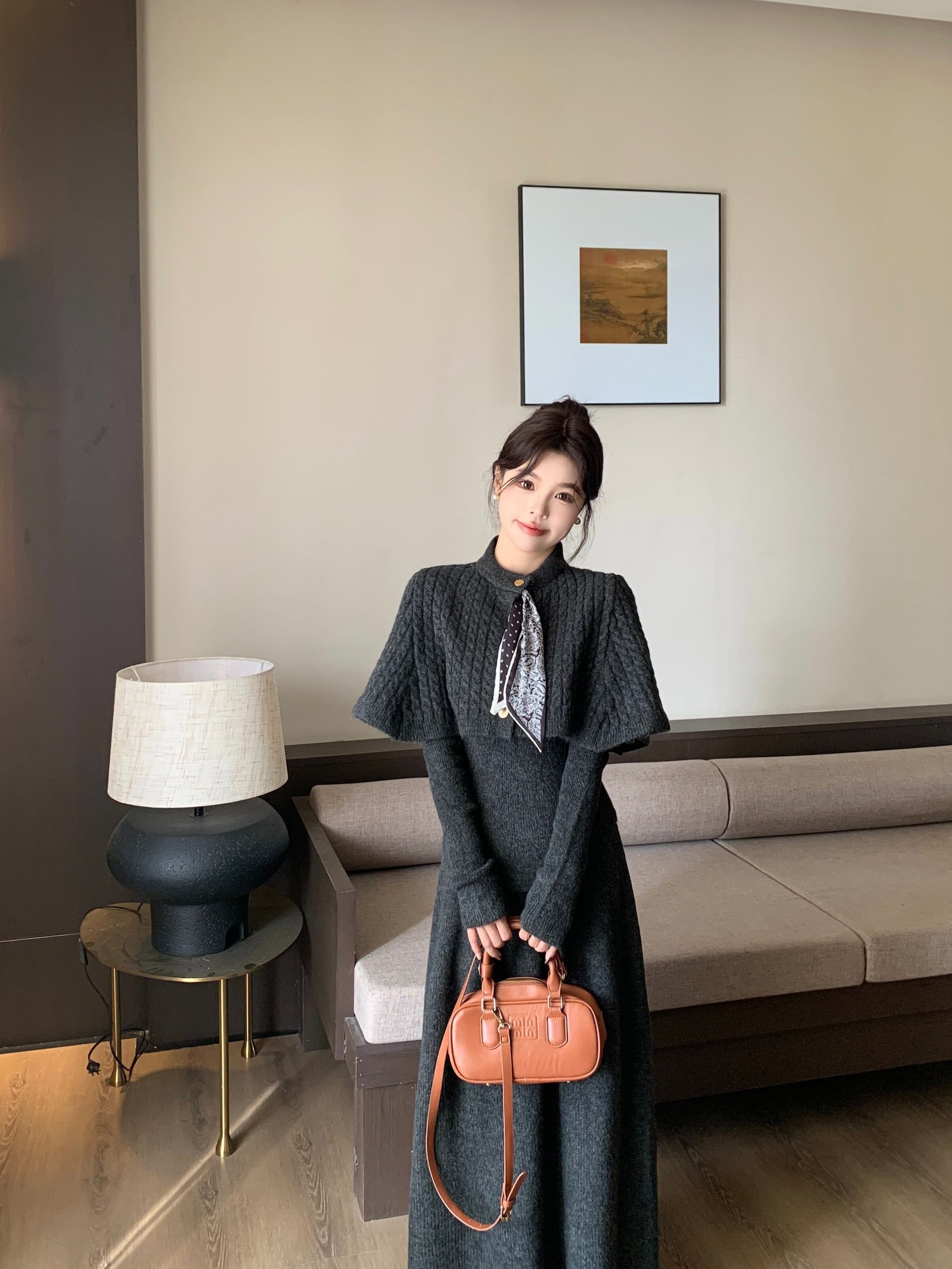 가을 겨울 2026 새로운 세트 스카프 망토 예쁜 스웨터 반신 스커트 3종 세트 패션 세트 상세 이미지 18
