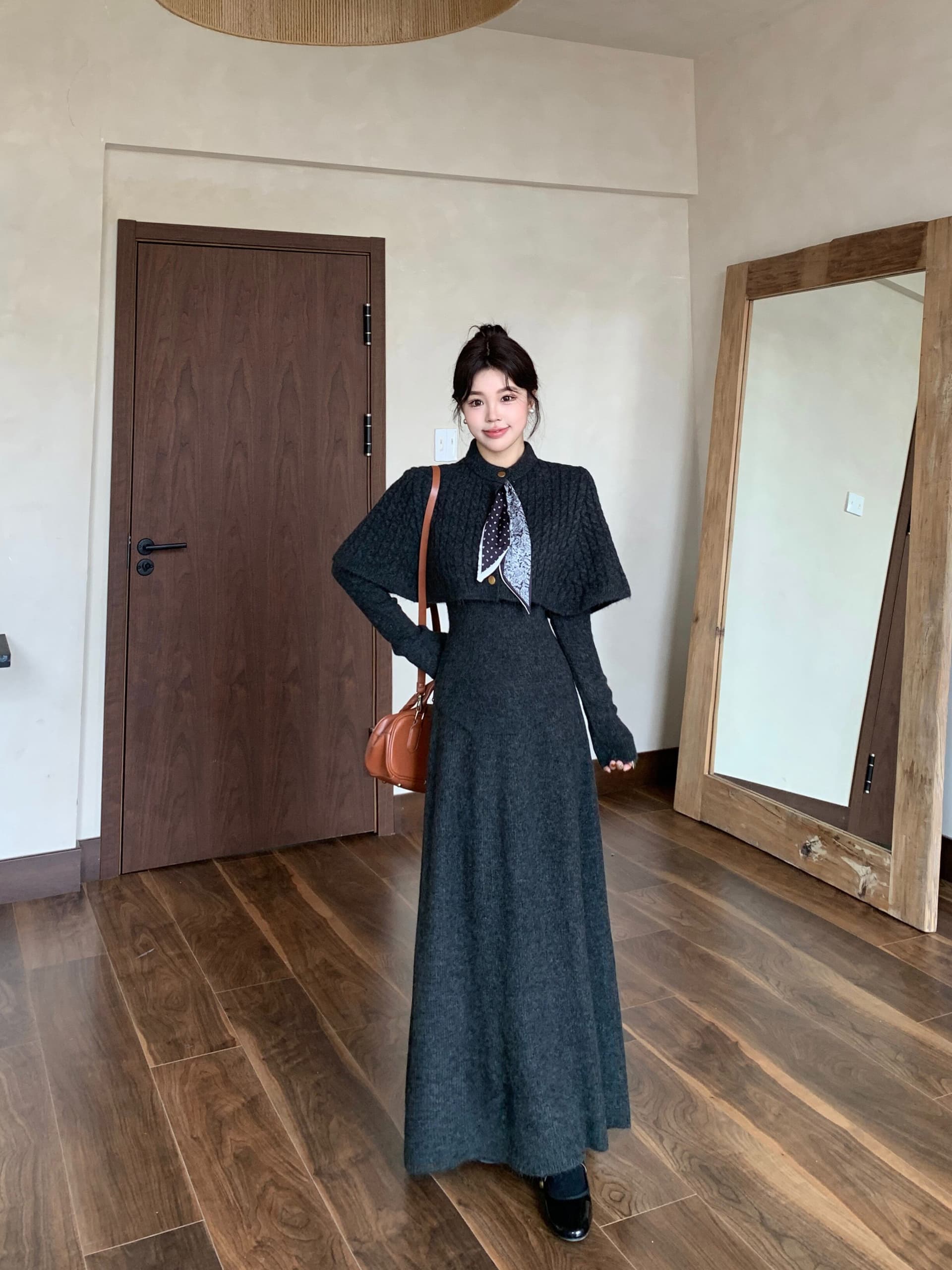 가을 겨울 2026 새로운 세트 스카프 망토 예쁜 스웨터 반신 스커트 3종 세트 패션 세트 상세 이미지 19