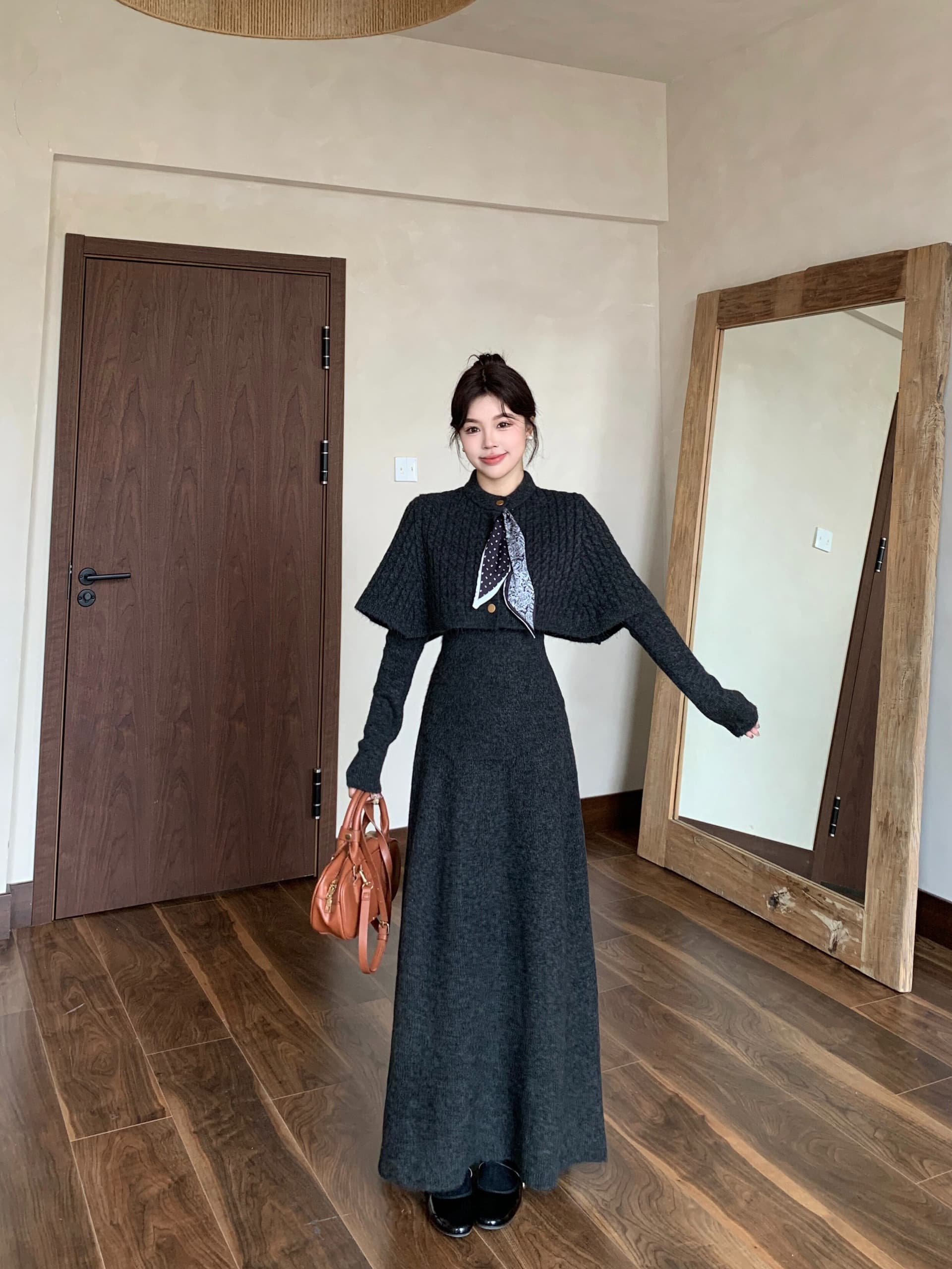 가을 겨울 2026 새로운 세트 스카프 망토 예쁜 스웨터 반신 스커트 3종 세트 패션 세트 상세 이미지 21
