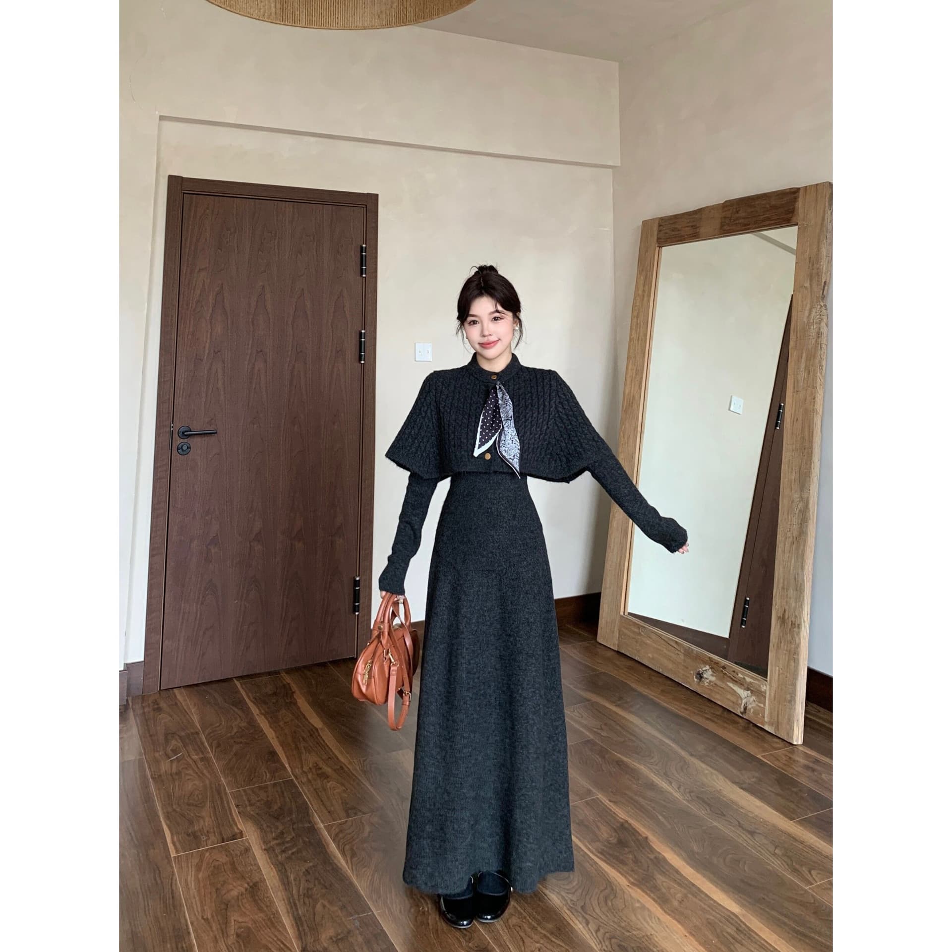가을 겨울 2026 새로운 세트 스카프 망토 예쁜 스웨터 반신 스커트 3종 세트 패션 세트 상세 이미지 22