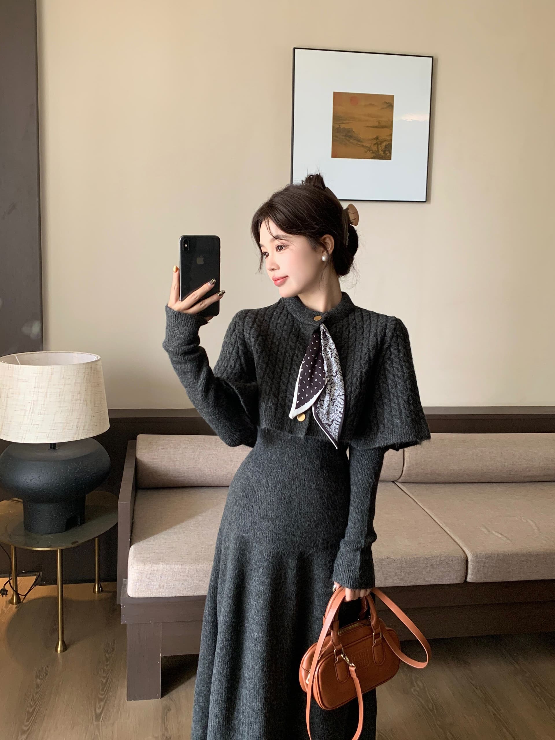 가을 겨울 2026 새로운 세트 스카프 망토 예쁜 스웨터 반신 스커트 3종 세트 패션 세트 상세 이미지 27