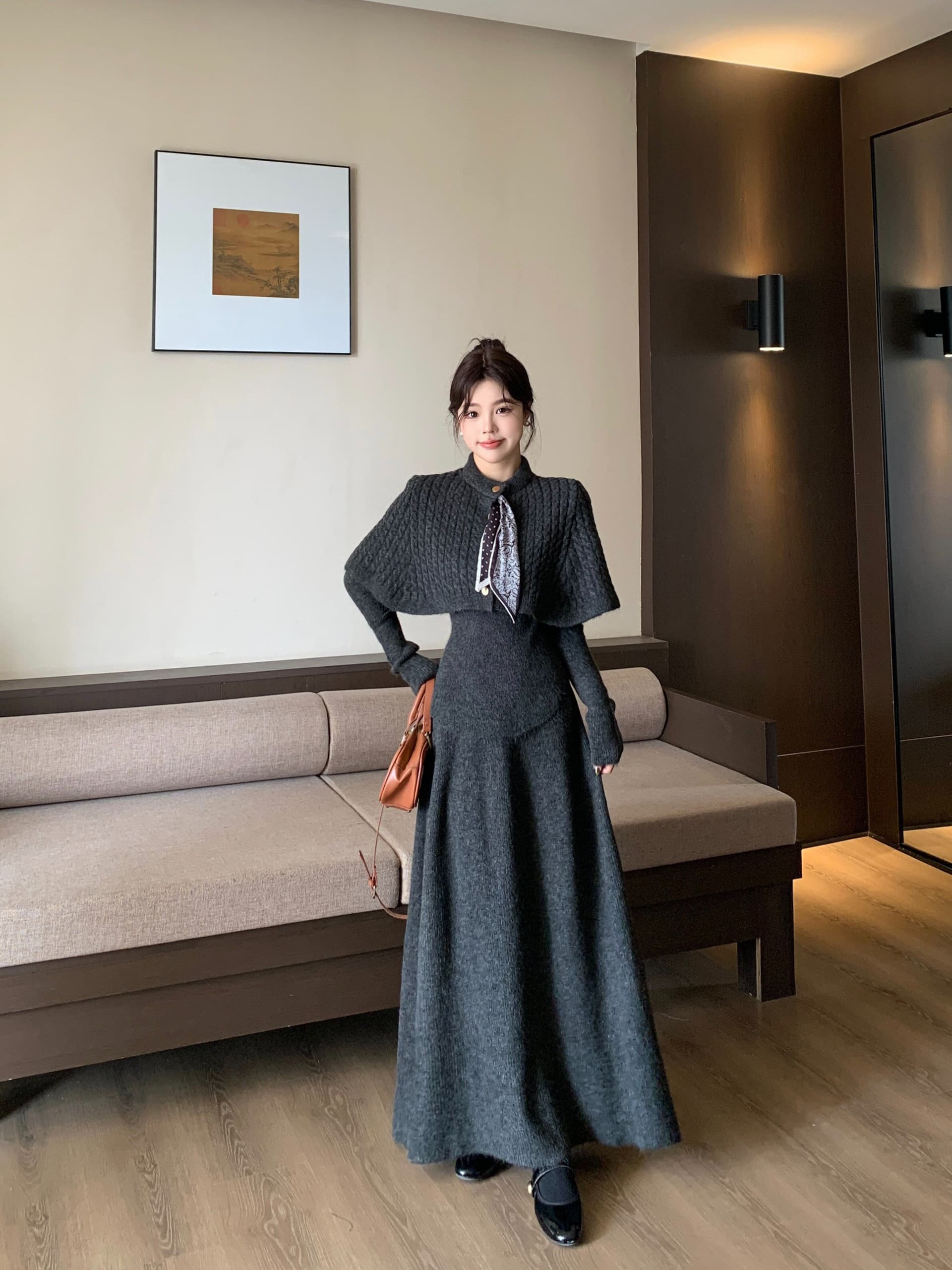 가을 겨울 2026 새로운 세트 스카프 망토 예쁜 스웨터 반신 스커트 3종 세트 패션 세트 상세 이미지 28