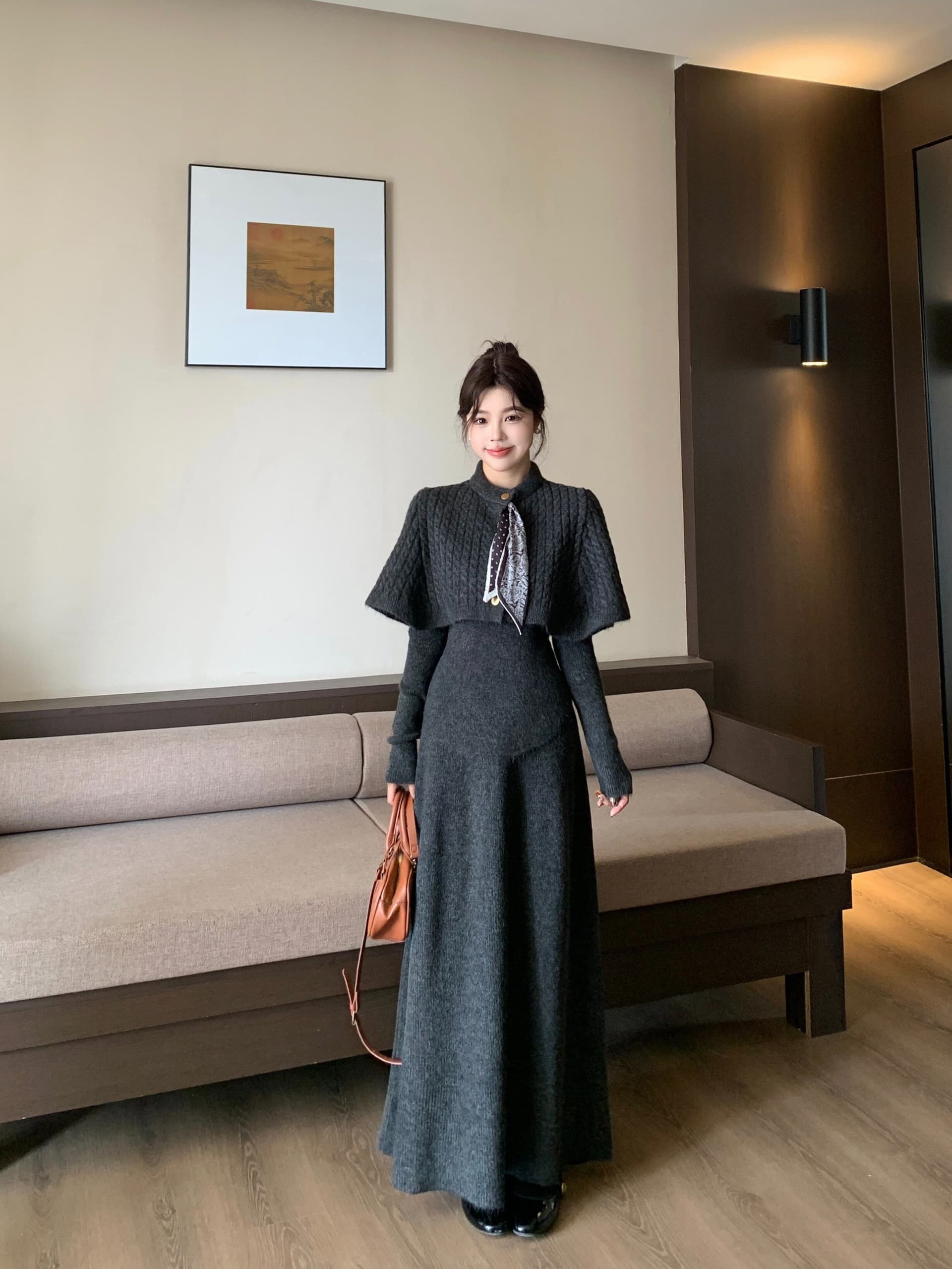 가을 겨울 2026 새로운 세트 스카프 망토 예쁜 스웨터 반신 스커트 3종 세트 패션 세트 상세 이미지 29