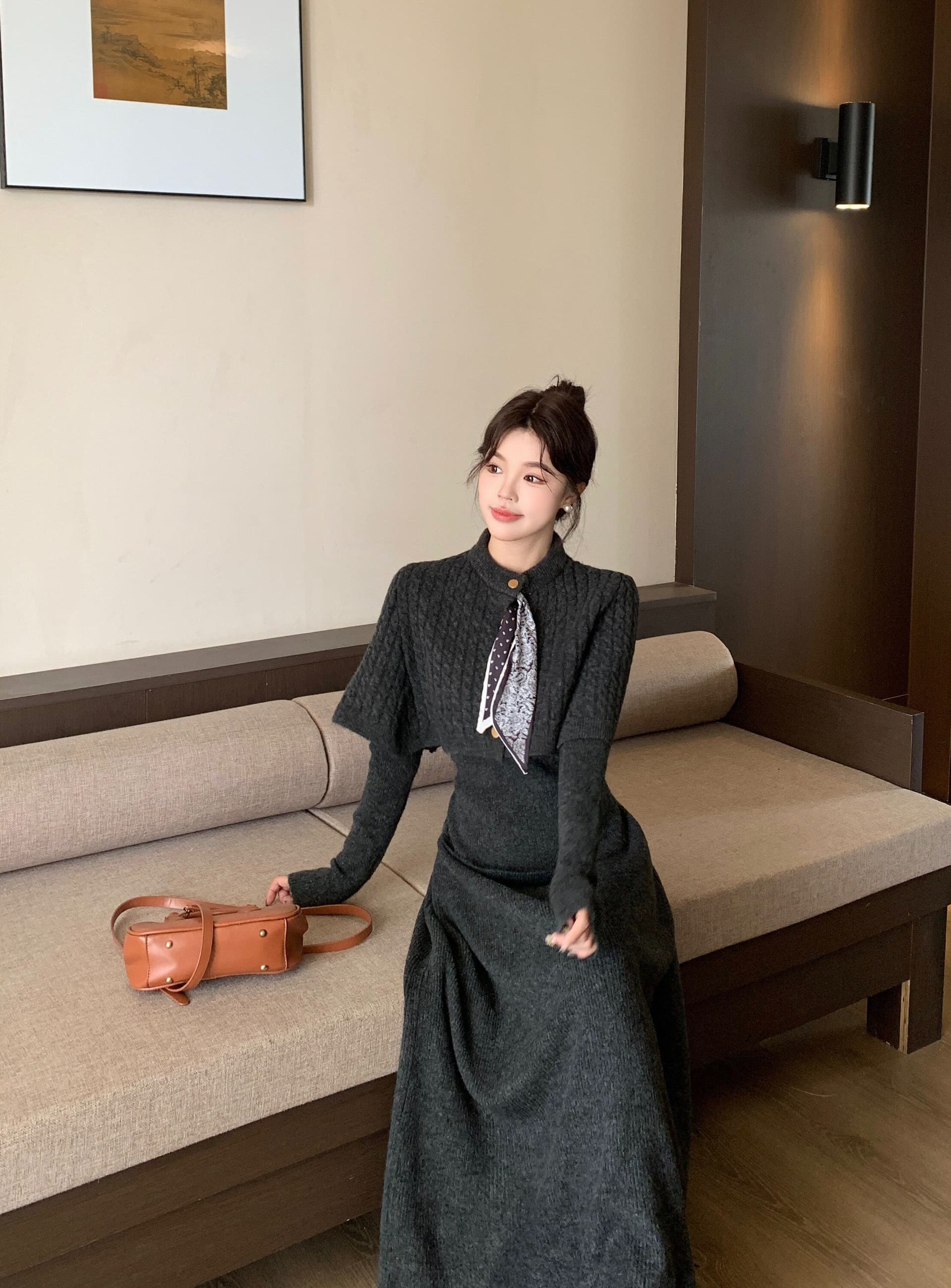 가을 겨울 2026 새로운 세트 스카프 망토 예쁜 스웨터 반신 스커트 3종 세트 패션 세트 상세 이미지 30