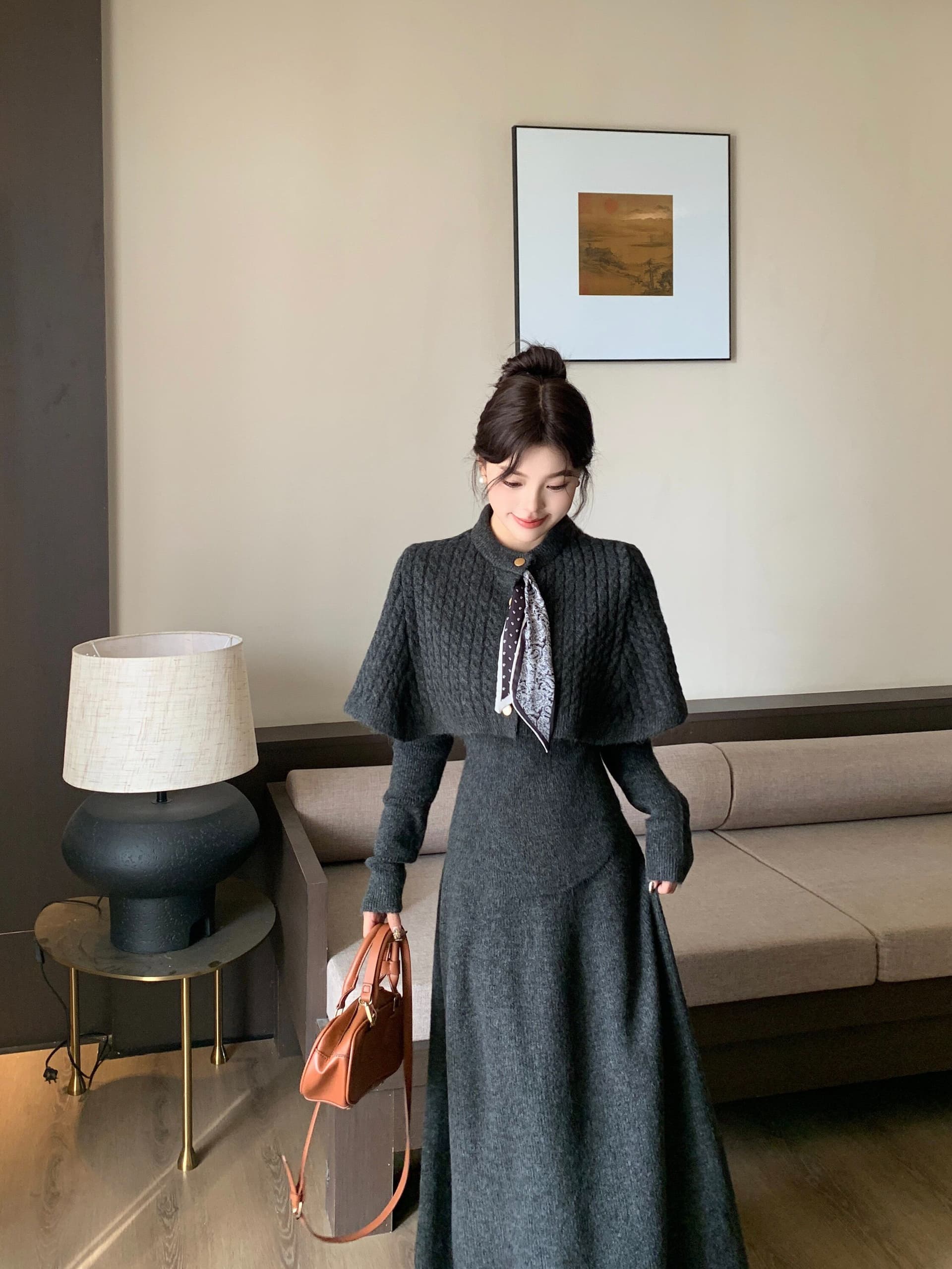 가을 겨울 2026 새로운 세트 스카프 망토 예쁜 스웨터 반신 스커트 3종 세트 패션 세트 상세 이미지 31