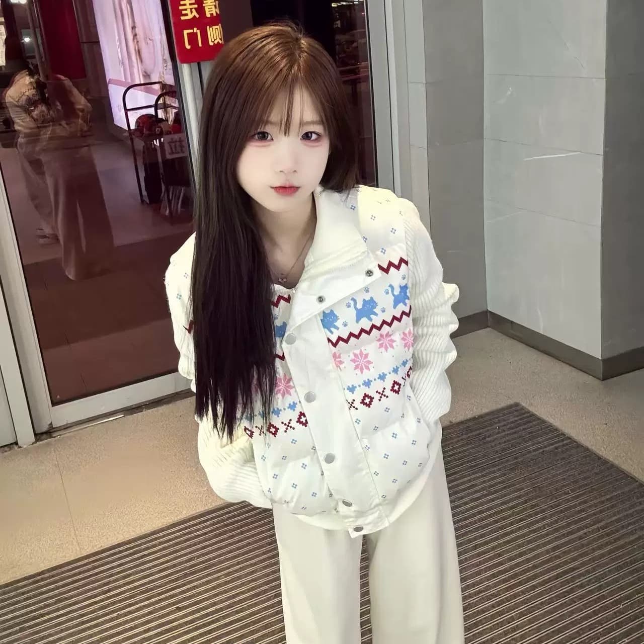 달콤한 차가운 공정한 섬 패치워크 니트 스탠드 칼라 면 의류 여성 겨울 한 부서 솜을 넣은 보온 두꺼운 슬림해 보이는 면 옷 재킷