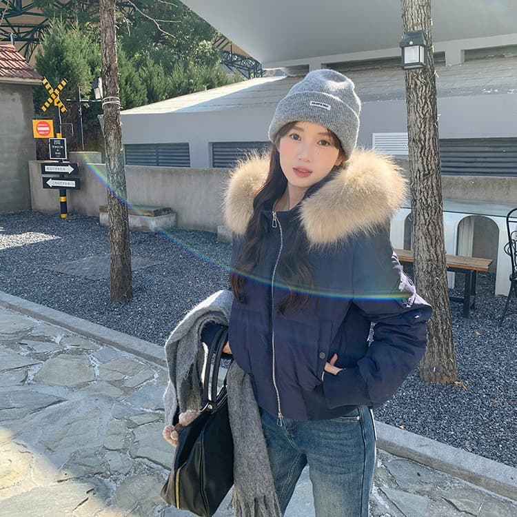 작은 마을 산산 눈 반사하다 阑珊 시뮬레이션 전갈 모피 칼라 면 의류 여성 겨울 방풍 쇼트 스타일 후드 작은 키 재킷 이미지 5