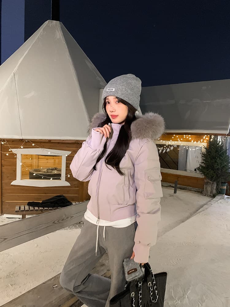 작은 마을 산산 눈 반사하다 阑珊 시뮬레이션 전갈 모피 칼라 면 의류 여성 겨울 방풍 쇼트 스타일 후드 작은 키 재킷 상세 이미지 6