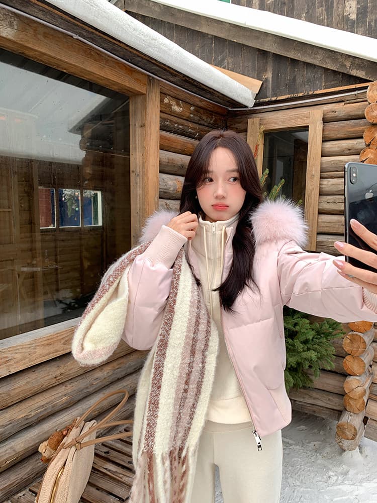 작은 마을 산산 눈 반사하다 阑珊 시뮬레이션 전갈 모피 칼라 면 의류 여성 겨울 방풍 쇼트 스타일 후드 작은 키 재킷 상세 이미지 13
