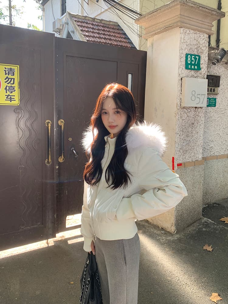 작은 마을 산산 눈 반사하다 阑珊 시뮬레이션 전갈 모피 칼라 면 의류 여성 겨울 방풍 쇼트 스타일 후드 작은 키 재킷 상세 이미지 14