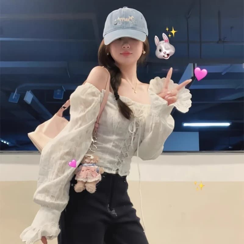 프랑스식 달콤함 레이스업 오프숄더 품격 작은 셔츠 맨위 여성 가을 고유 한 Chic 아름다운 긴팔 화이트 셔츠 이미지 2