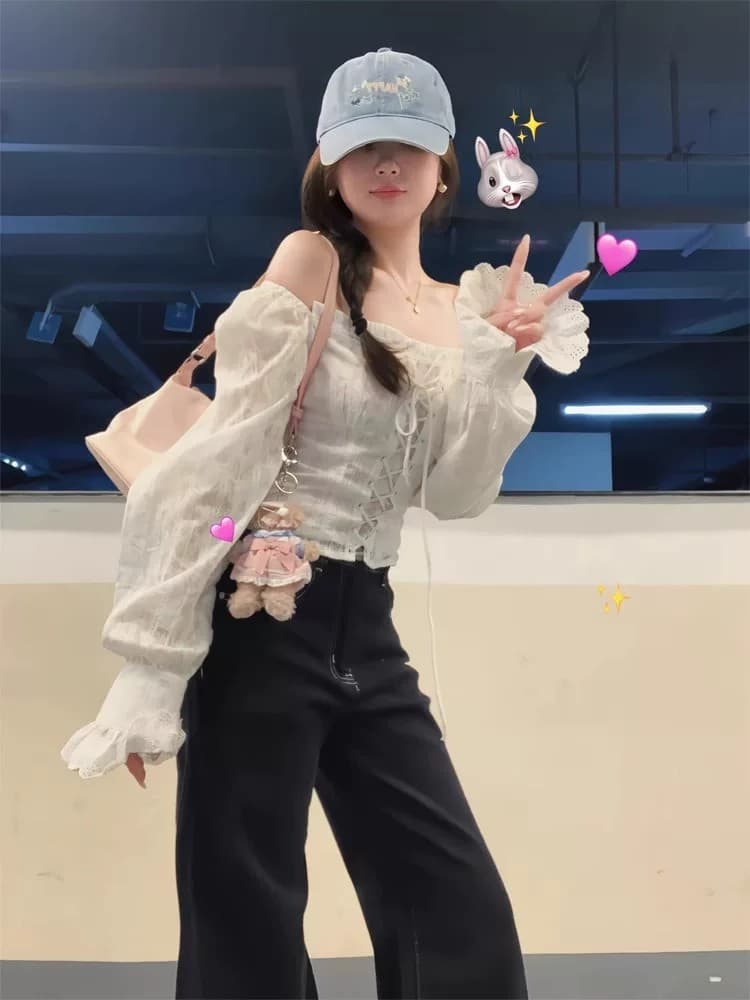 프랑스식 달콤함 레이스업 오프숄더 품격 작은 셔츠 맨위 여성 가을 고유 한 Chic 아름다운 긴팔 화이트 셔츠 상세 이미지 2