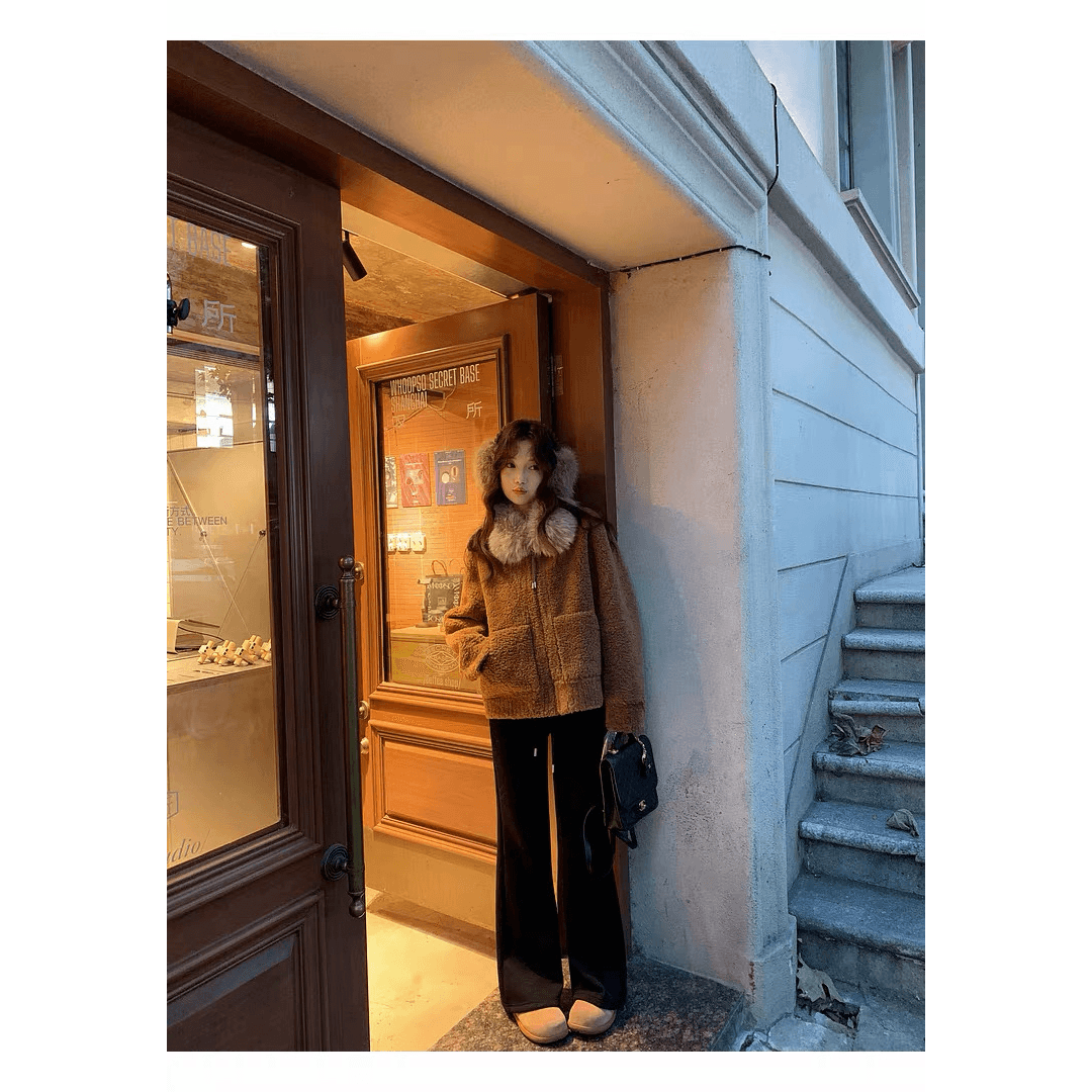 장 베이 베이 ibell 환경 보호 모방 양 어린 양 플러시 가죽 털 하나 보온 염색 포인터 전갈 모피 칼라 모피 재킷 이미지 4