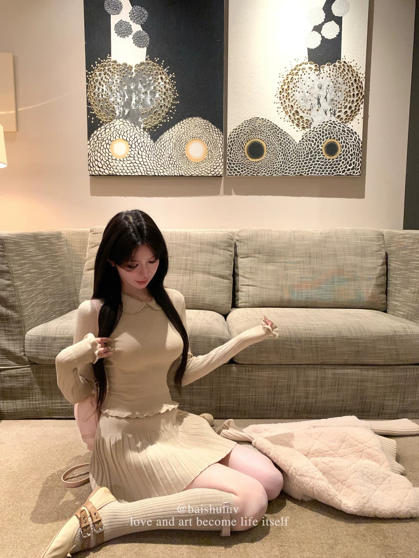 화이트 워터 여성 소녀 세트 2.0 베이비 칼라 니트 스웨터 여성 겨울 한 마디 플리츠 스커트 한 부서 순수한 욕망 세트 상세 이미지 11