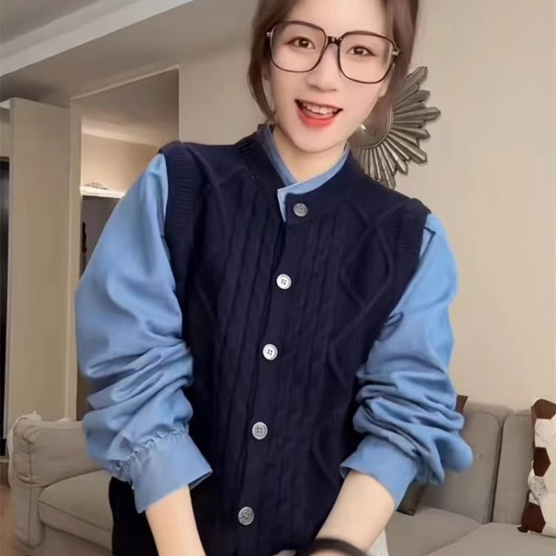 페이크 레이어드 배색 스웨터 여자 2026 새로운 봄 가을 폭발 디자인 센스 루즈핏 슬림해 보이는 니트 오픈 가디건 맨위 이미지 5