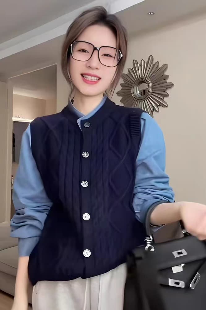 페이크 레이어드 배색 스웨터 여자 2026 새로운 봄 가을 폭발 디자인 센스 루즈핏 슬림해 보이는 니트 오픈 가디건 맨위 이미지 6