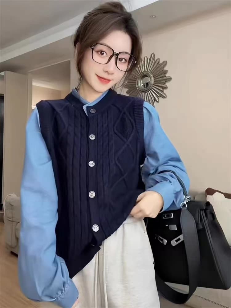 페이크 레이어드 배색 스웨터 여자 2026 새로운 봄 가을 폭발 디자인 센스 루즈핏 슬림해 보이는 니트 오픈 가디건 맨위 상세 이미지 3
