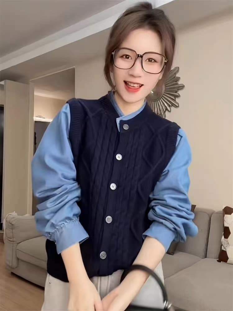 페이크 레이어드 배색 스웨터 여자 2026 새로운 봄 가을 폭발 디자인 센스 루즈핏 슬림해 보이는 니트 오픈 가디건 맨위 상세 이미지 5