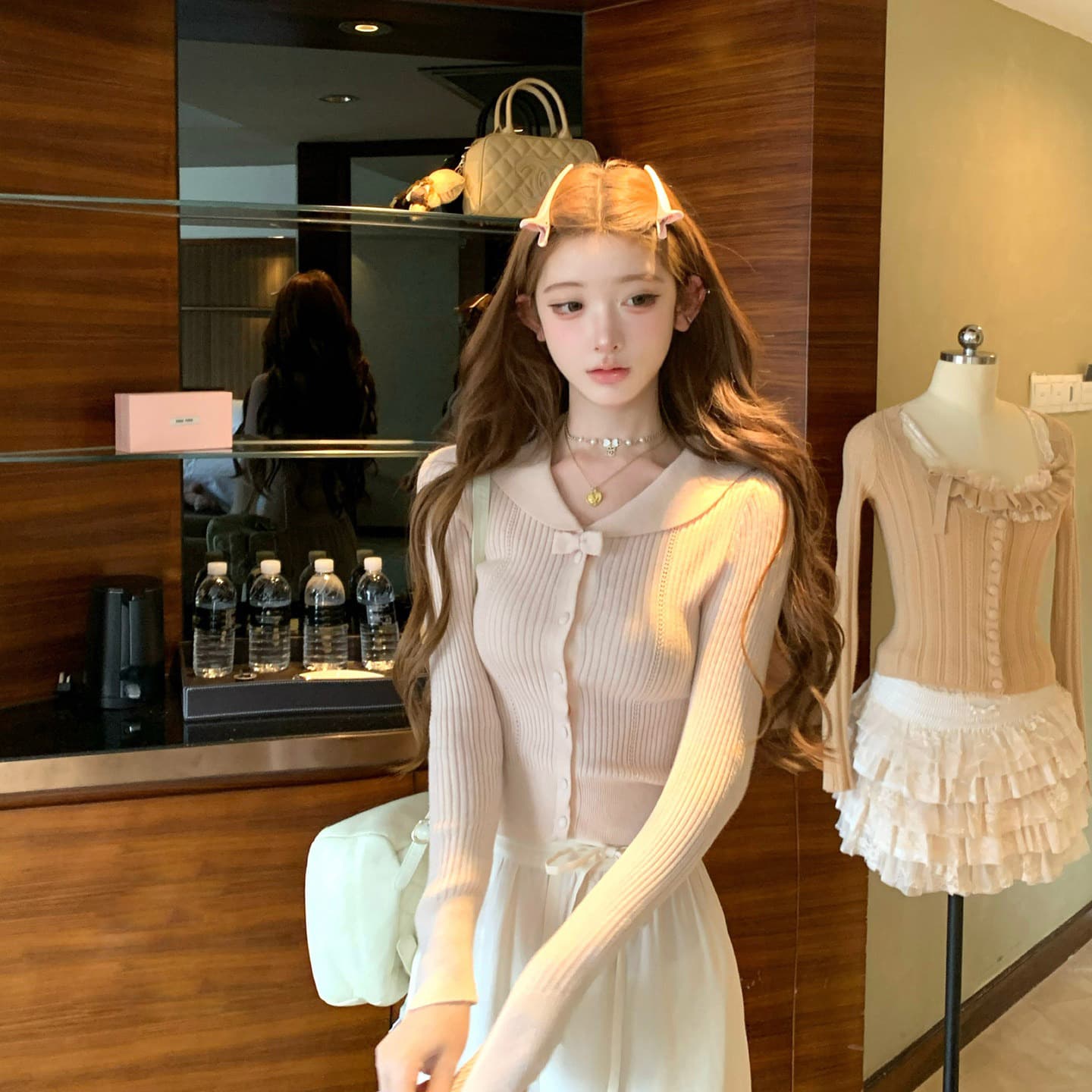 늦게 우산 우산 25 fw 绯 색상 전복 피터 팬 칼라 알몸의 분말 나비 매듭 폴로 칼라 양모 니트 오픈 가디건 니트 스웨터