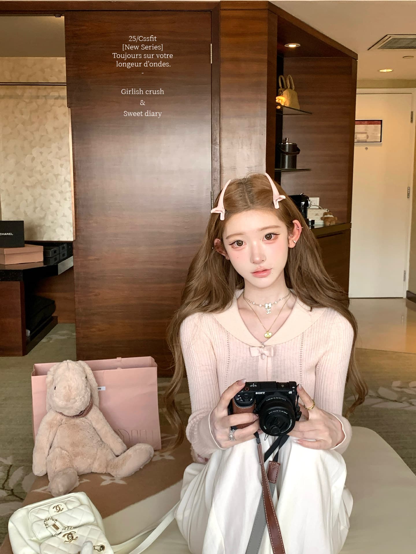 늦게 우산 우산 25 fw 绯 색상 전복 피터 팬 칼라 알몸의 분말 나비 매듭 폴로 칼라 양모 니트 오픈 가디건 니트 스웨터 이미지 2