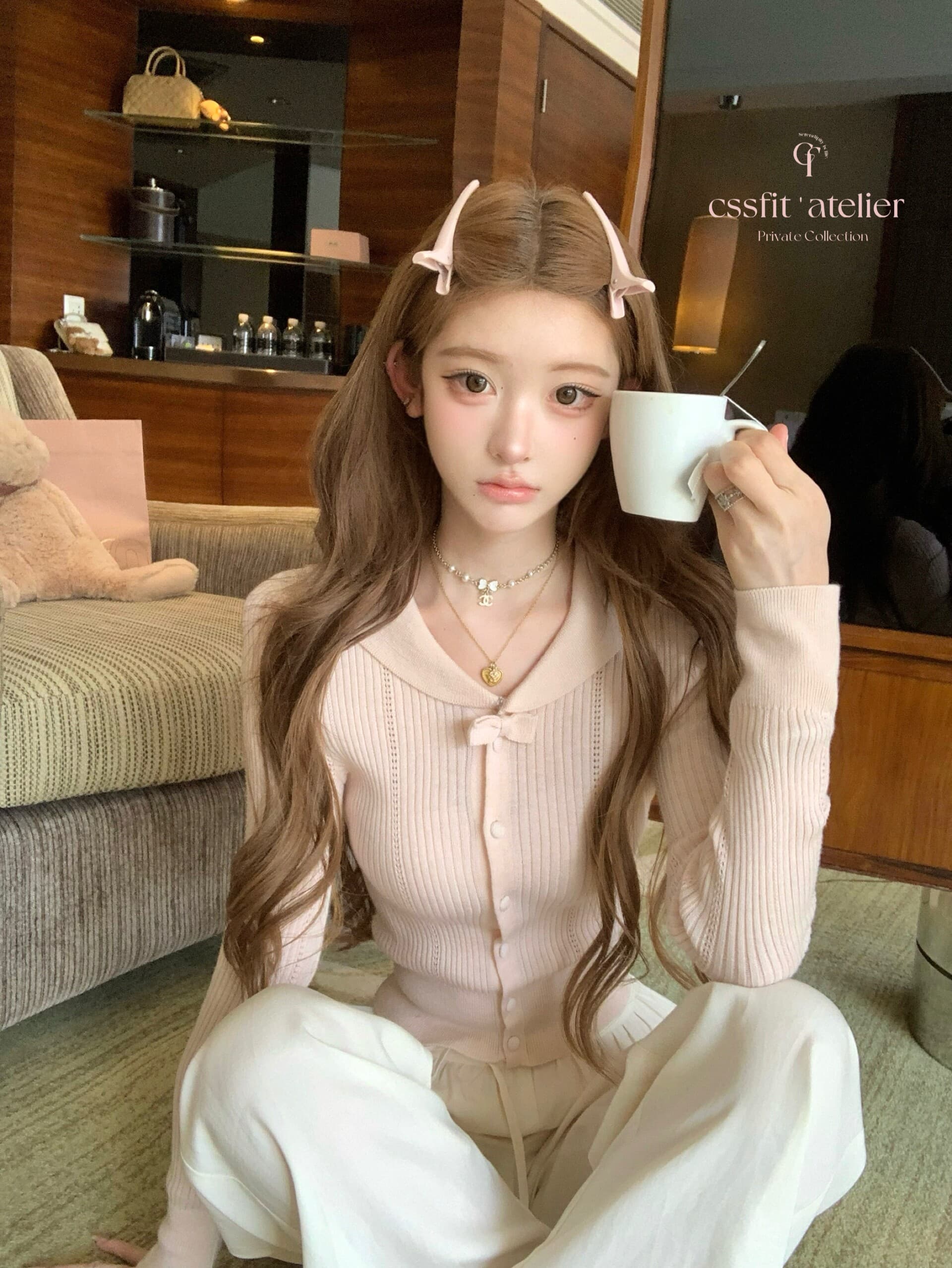 늦게 우산 우산 25 fw 绯 색상 전복 피터 팬 칼라 알몸의 분말 나비 매듭 폴로 칼라 양모 니트 오픈 가디건 니트 스웨터 이미지 3