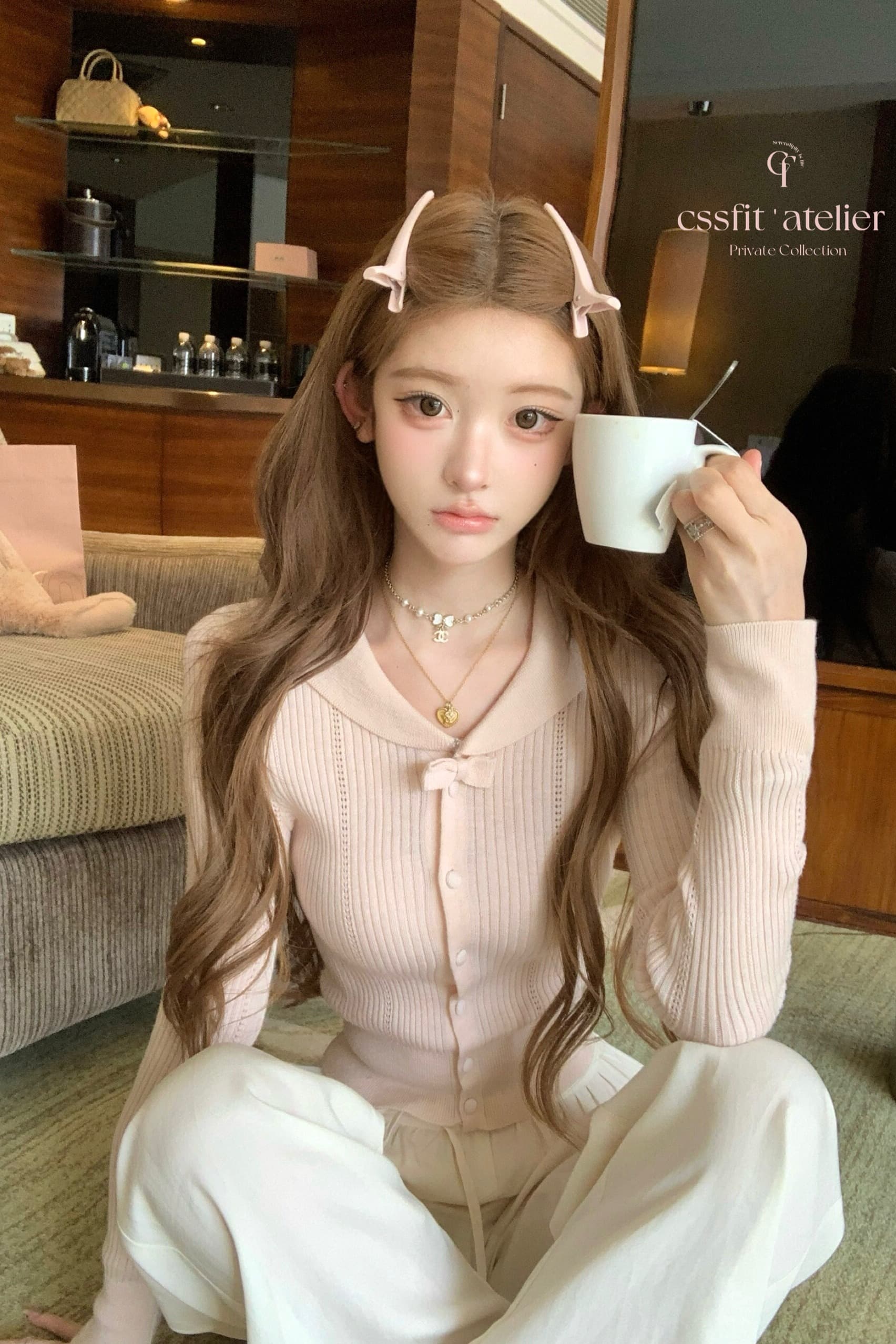 늦게 우산 우산 25 fw 绯 색상 전복 피터 팬 칼라 알몸의 분말 나비 매듭 폴로 칼라 양모 니트 오픈 가디건 니트 스웨터 이미지 6