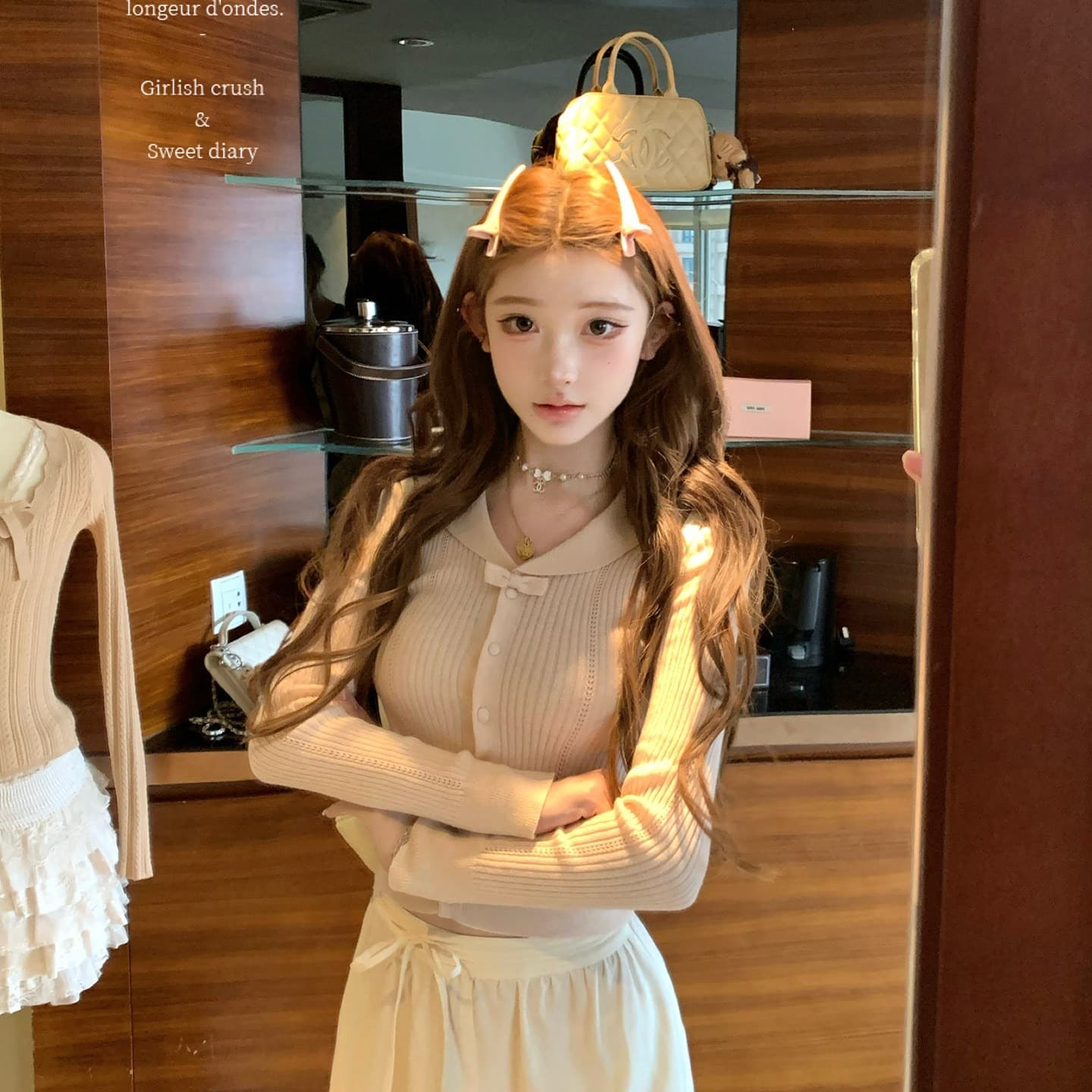 늦게 우산 우산 25 fw 绯 색상 전복 피터 팬 칼라 알몸의 분말 나비 매듭 폴로 칼라 양모 니트 오픈 가디건 니트 스웨터 이미지 5
