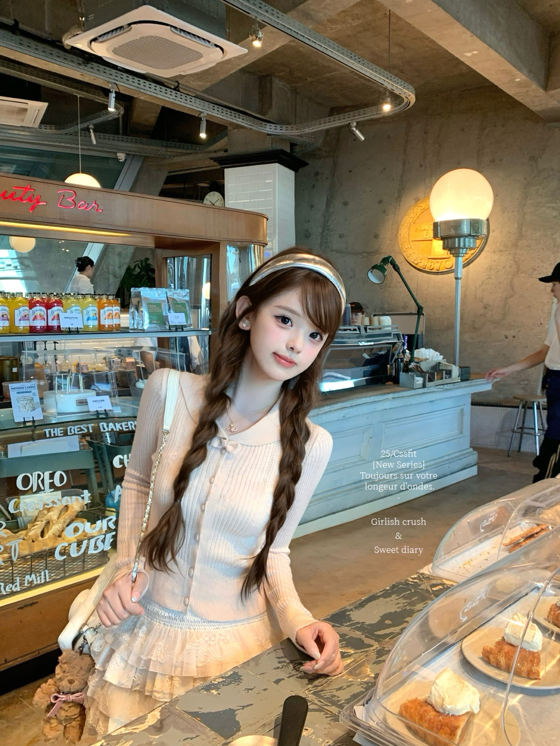 늦게 우산 우산 25 fw 绯 색상 전복 피터 팬 칼라 알몸의 분말 나비 매듭 폴로 칼라 양모 니트 오픈 가디건 니트 스웨터 상세 이미지 2