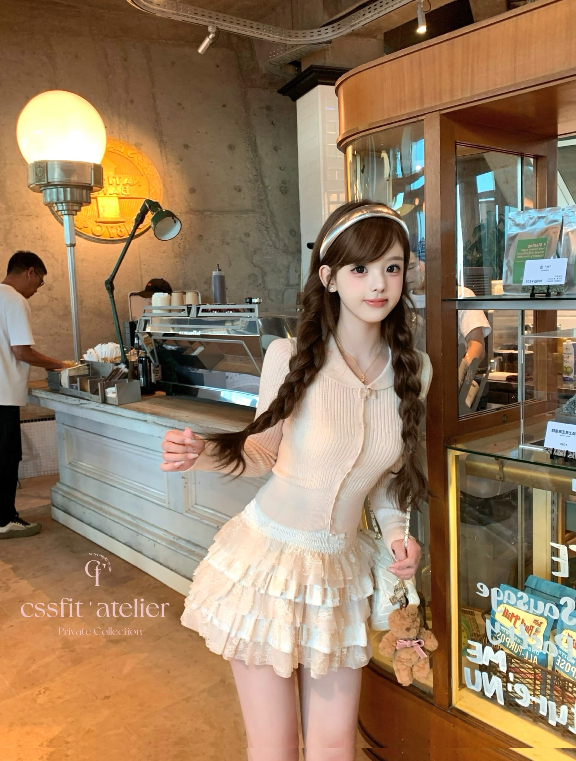 늦게 우산 우산 25 fw 绯 색상 전복 피터 팬 칼라 알몸의 분말 나비 매듭 폴로 칼라 양모 니트 오픈 가디건 니트 스웨터 상세 이미지 12
