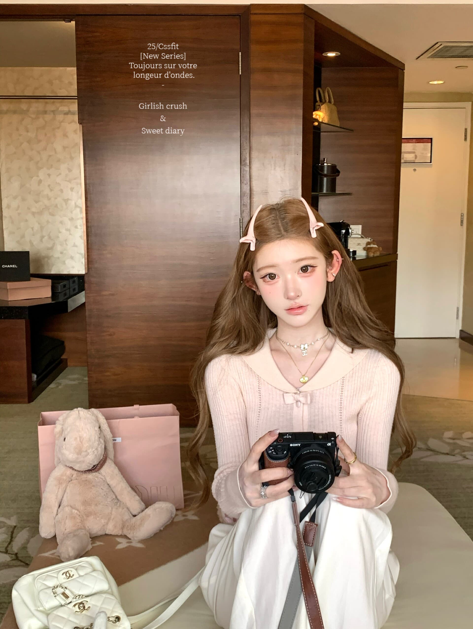 늦게 우산 우산 25 fw 绯 색상 전복 피터 팬 칼라 알몸의 분말 나비 매듭 폴로 칼라 양모 니트 오픈 가디건 니트 스웨터 상세 이미지 16