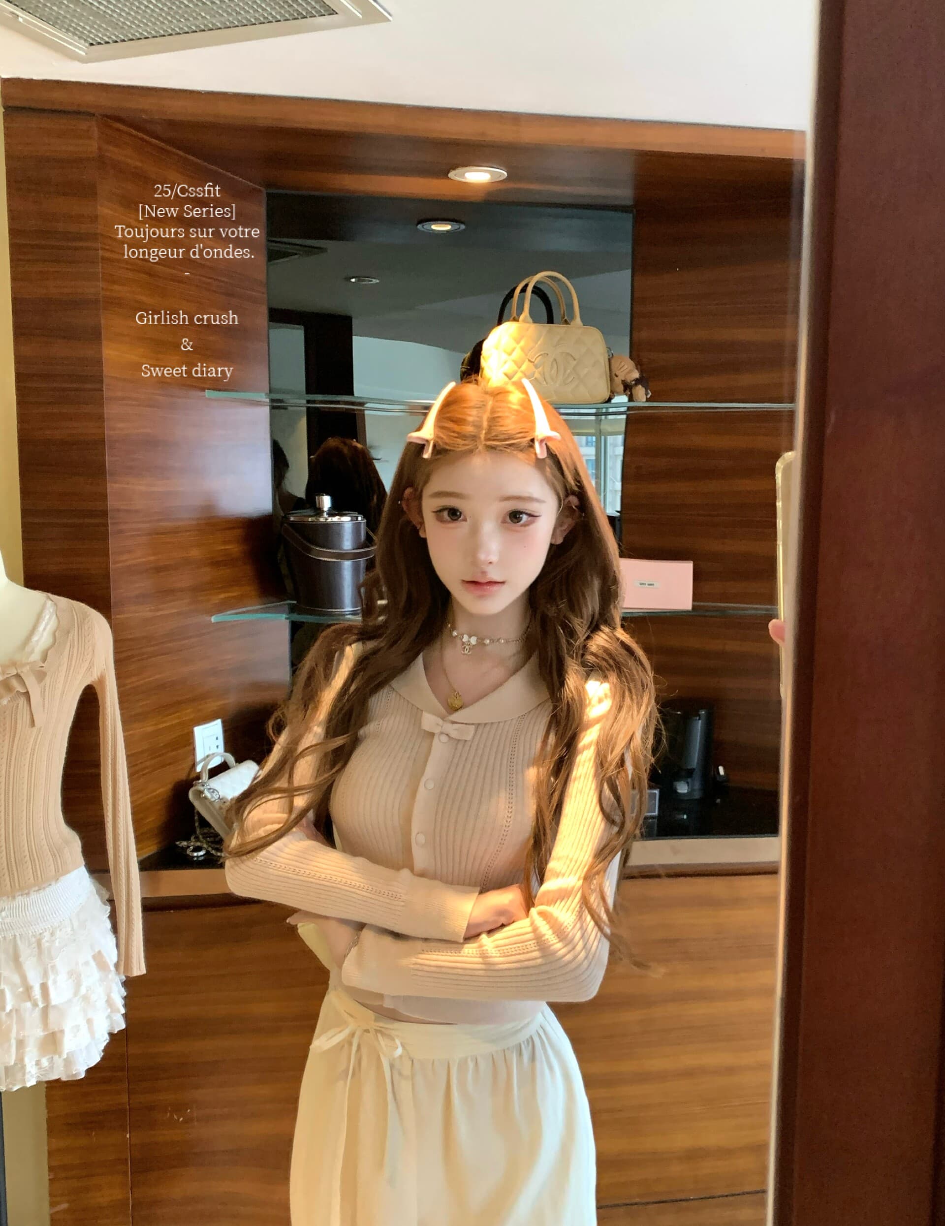 늦게 우산 우산 25 fw 绯 색상 전복 피터 팬 칼라 알몸의 분말 나비 매듭 폴로 칼라 양모 니트 오픈 가디건 니트 스웨터 상세 이미지 18
